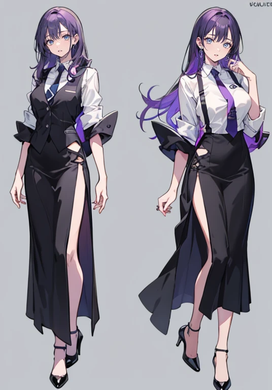 ((Perfect Face)),Purple Hair,voluminous long hair,1 female,bartender,suit,Black vest,Shirt with rolled up sleeves,tie,High heels,,((Simple Background)),smile,((whole body)),((whole body)),Portraiture,virtual,upright,,both arms are down,Standing upright with face and body facing forward,