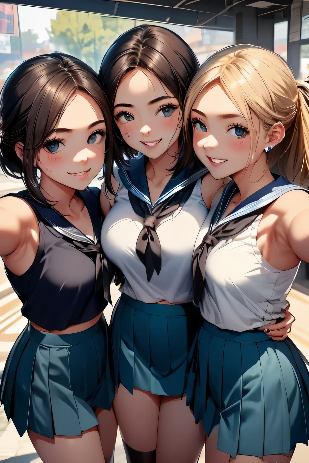 (highest quality:1.4)、High resolution、Detailed Background、(Detailed beautiful face:1.4)、Anatomically correct、(Depict the normal number of fingers:1.3)、(Detailed facial expressions)、Realistic、Beautiful fingers、Beautiful, smooth skin、Teenage beauty、(Three Women)、(Huge breasts:1.1)、Perfect body line、Attractive thighs、brown hair、Black Hair、cute hair color、Brightly colored inner hair、Bobcut、ponytail、Long Hair、cute hairstyle、Show off your attractive armpits、I'm a little excited、Looks like a fun atmosphere、Cowboy Shot、

Sexy sailor suit made of white sheer material、light blue sailor color、Pleated mini skirt、White knee-high socks、Absolute area、A big smile、playfully、Wait for the train at the station platform、Sexual expressions、

(Three beautiful girls are happily taking selfies side by side:1.5)、
Looking up from the ground、cute、cameltoe