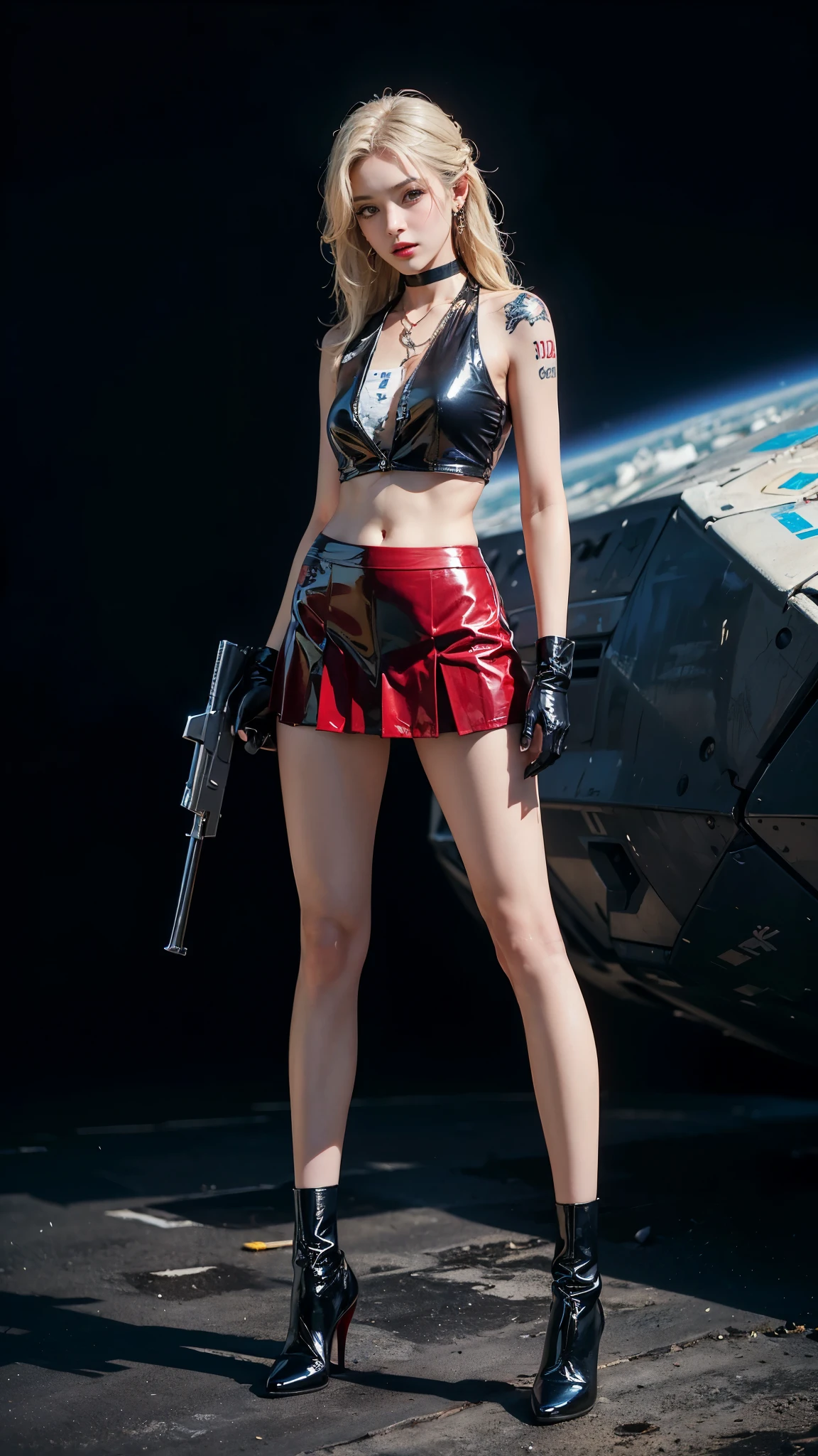 ((masterpiece:1.4)、(highest quality:1.4)、(Realistic:1.7))、Masterpiece:1.4、(Top-notch rendering:1.4)、(Female SWAT member of the Space Federation 73rd Division:1.4)、Super Beauty捜査官、(By Luis Royo:1.4)、(Ready your gun?:1.2)、Body Fit Sexy Uniform、(Shiny luxury latex:1.4)、(Navy blue sleeveless uniform jacket)、(underwear white sexy super ultra bikini)、(Luxury Red Latex:1.4)、(red pleated mini skirt:1.4)、22 years old、(Cute Tattoos:1.4)、(Wearing white gloves)、Cute Girl、Super Beauty、Sharp Focus、Portrait Photography:1.4、8k、realistic photo images:1.4、(Perfect female body:1.4)、Perfect proportions、(Full body photography:1.4)、Beautiful Face、Fearless look、Beautiful Eyes、Narrow waist:1.4、(9 life size beautiful style girl:1.4)、(A beautiful girl with long legs and a good figure:1.4)、Beautiful feet、(Long Hair:1.2)、Beautiful breasts、big breasts:1.2、sexy ass、(Standing facing forward:1.4)、Raw photo、Red lips、Red high heels:1.4、choker:1.4、necklace:1.4、Earrings:1.4、1 Screen Display、Beautiful night view of cyberpunk city:1.2