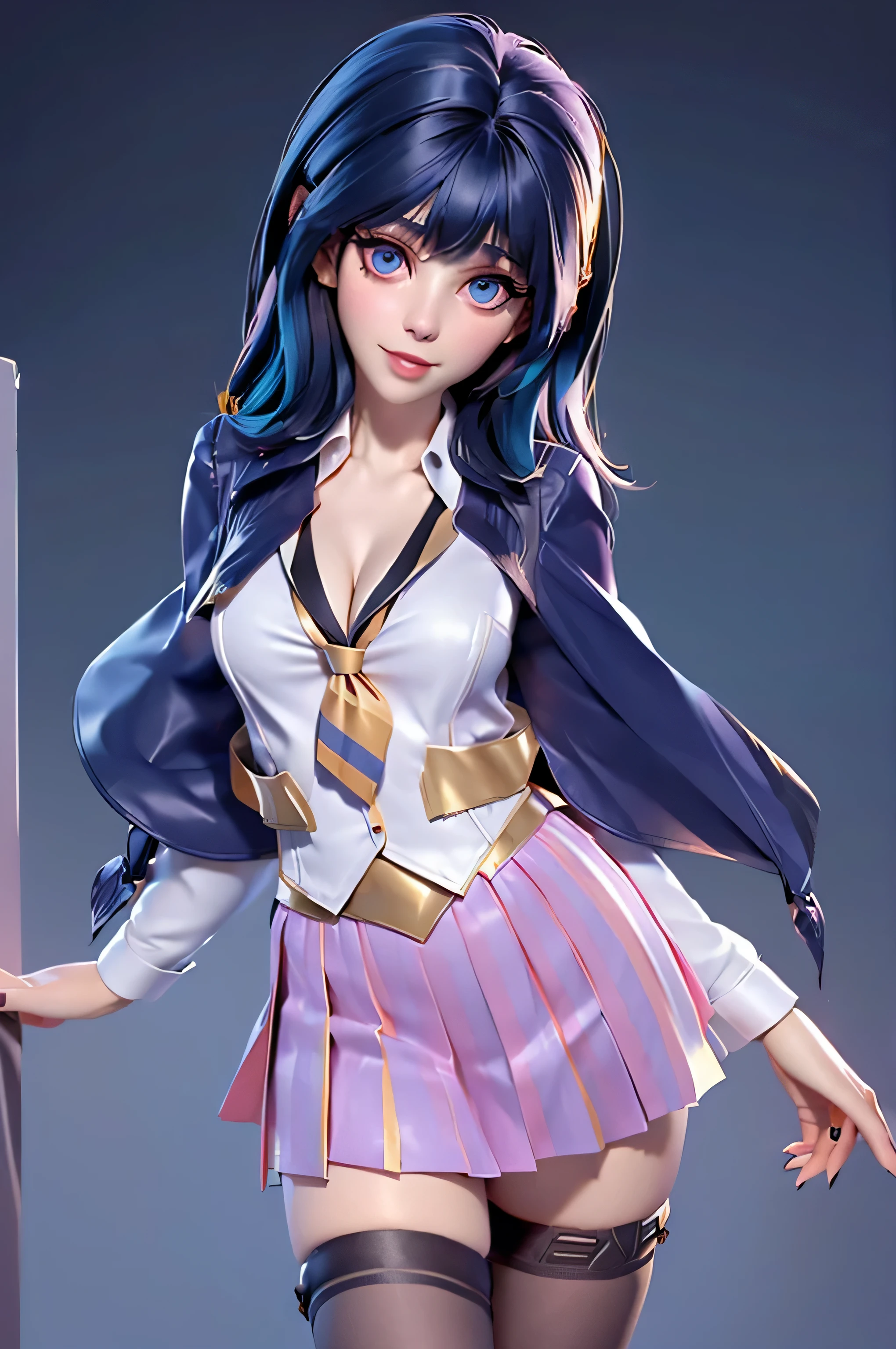 z003yd-v1, Elvira768, Zooey Deschanel, , gynoid physique, (solo:1.1), zooey deschanel, perfect face, (((night color skirt suit))), (((pleated school miniskirt))), (((night color jacket))), (((silk necktie))), windsor necktie, (((white shirt))), cup size E, (((night color miniskirt with 1 horizontal golden stripe))), solo focus, fully clothed, smartly dressed, smiling, careless styling, medium length hair, dark blue hair, bright eyes blue like the sky, beatiful detailed eyes，bright pupils，（Very fine and beautiful），（Beautiful and detailed eye description), [[delicate fingers and hands:0.55]::0.85], (detail of fingers), facing at camera, (Background with：school corridor，mystic atmosphere), (illustration, cartoon, masterpiece, highly detailed, best qualtiy，cinematic lighting，muted colors, detailed background, A high resolution)