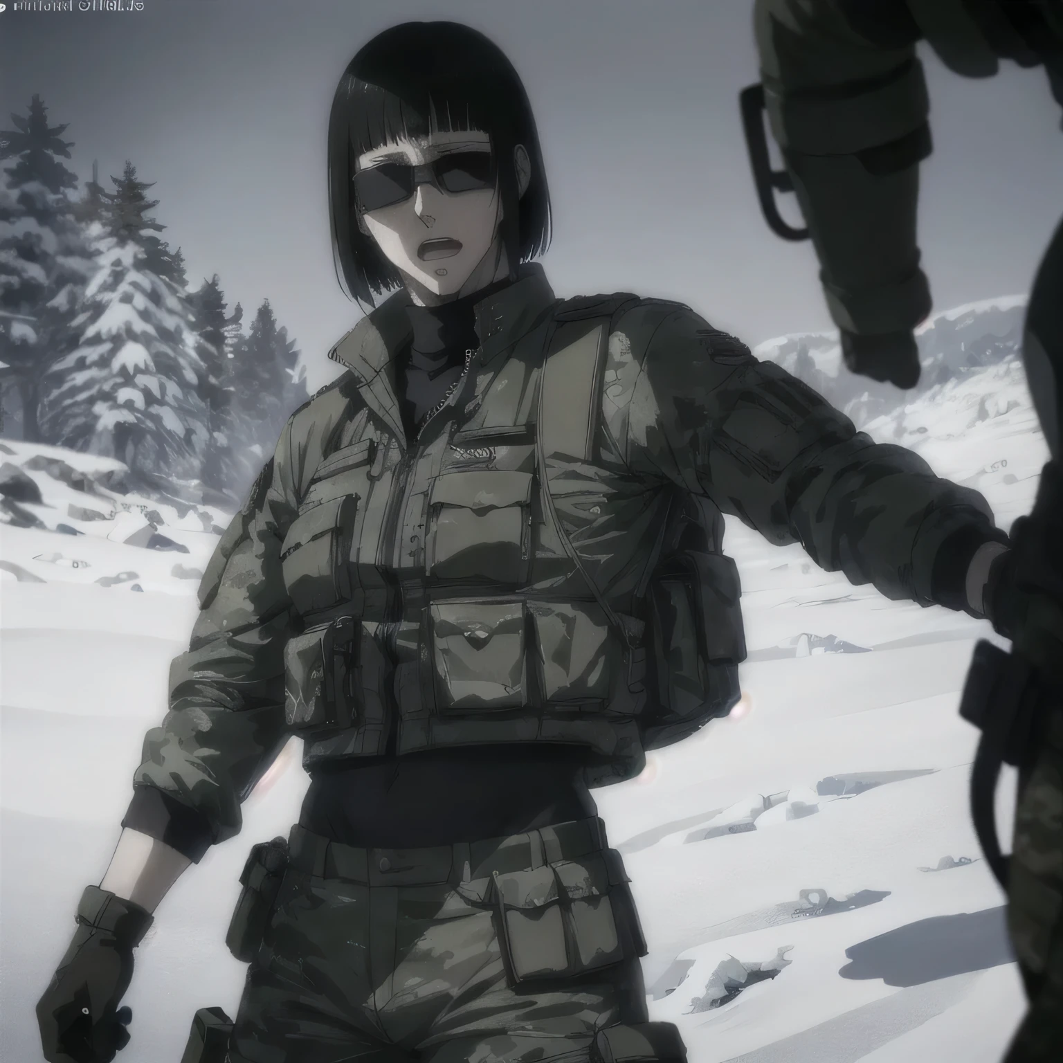 (best quality,ultra-detailed,realistic:1.37),musclaur badass girl wearing Winter jacket and undershirt and Camouflage combat trousers, full review of the female character's face and body, intense expression, strong and confident posture, studio lighting, vivid colors, physiologically-based rendering, grungy texture, rugged background, dust particles in the air, commanding presence, professional, powerful, gritty aesthetics,,Valmet،short hair,necklace,sunglasses,Erect cock inside combat trousers