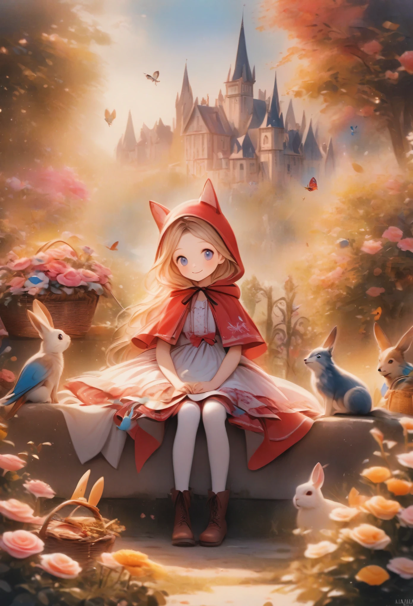 little red riding hood \(grimm\), flower, blonde hair, boots, blue eyes, butterfly, rose, rabbit, bug, pantyhose, pink rose, bird, long hair, sitting, french text, hood, english text, basket, wolf, multiple girls, tree, 1girl, smile, dress, food, pink flower, colors