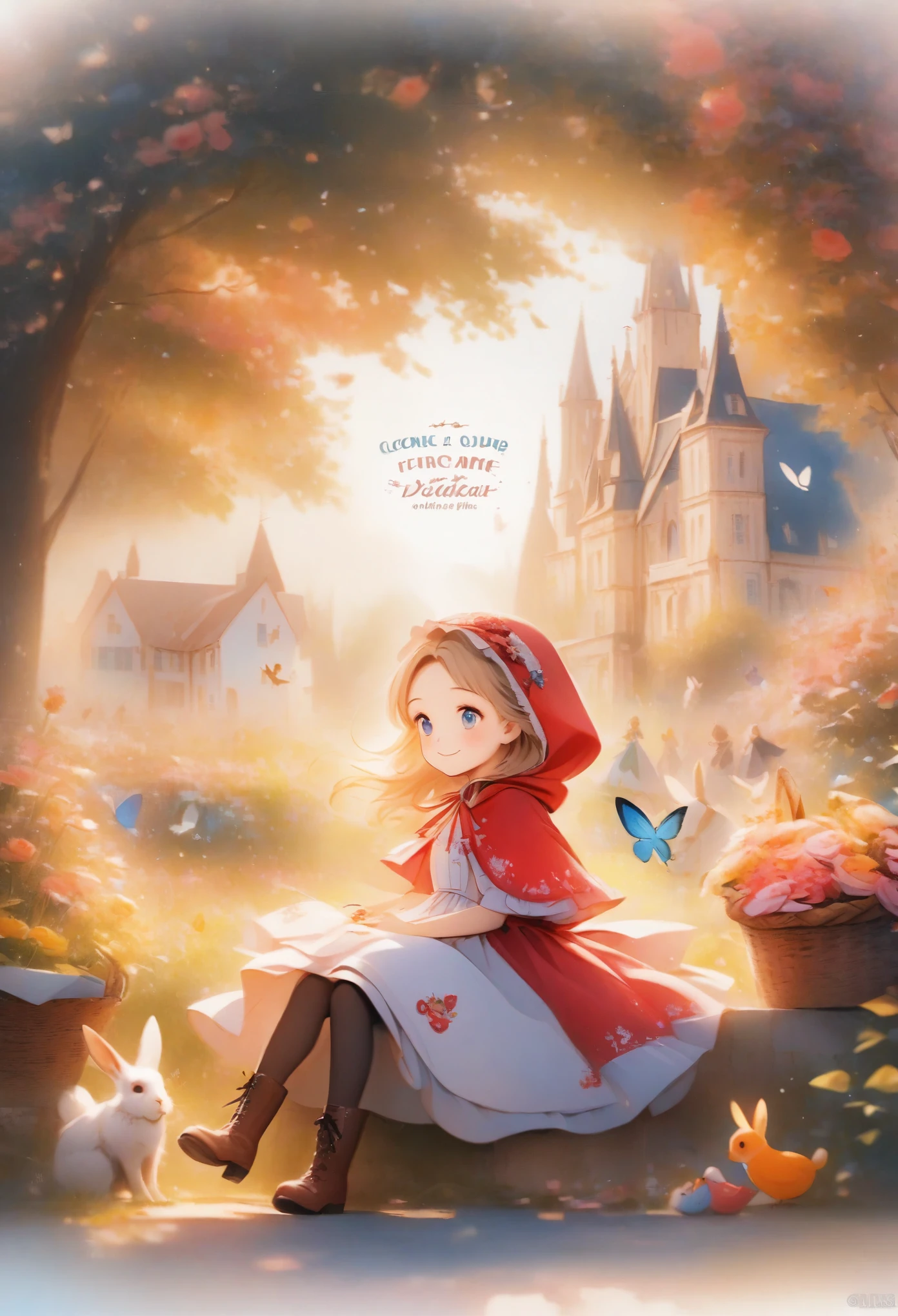 little red riding hood \(grimm\), flower, blonde hair, boots, blue eyes, butterfly, rose, rabbit, bug, pantyhose, pink rose, bird, long hair, sitting, french text, hood, english text, basket, wolf, multiple girls, tree, 1girl, smile, dress, food, pink flower, colors