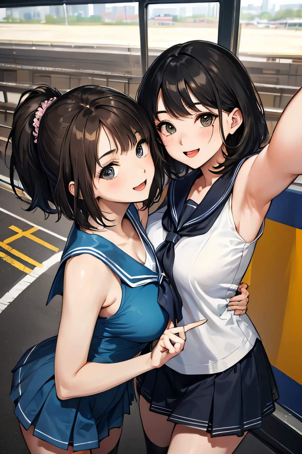 (highest quality:1.4)、High resolution、Detailed Background、(Detailed beautiful face:1.4)、Anatomically correct、(Depict the normal number of fingers:1.3)、(Detailed facial expressions)、Realistic、Beautiful fingers、Beautiful, smooth skin、Teenage beauty、(Three Women)、(Huge breasts:1.1)、Perfect body line、Attractive thighs、brown hair、Black Hair、cute hair color、Brightly colored inner hair、Bobcut、ponytail、Long Hair、cute hairstyle、Show off your attractive armpits、I'm a little excited、Looks like a fun atmosphere、Cowboy Shot、
Sexy Sailor Suit、light blue sailor color、Pleated mini skirt、White knee-high socks、Absolute area、A big smile、playfully、Wait for the train at the station platform、Sexual expressions、
(Two beautiful girls happily taking a selfie side by side:1.3)、Low - Angle、cute