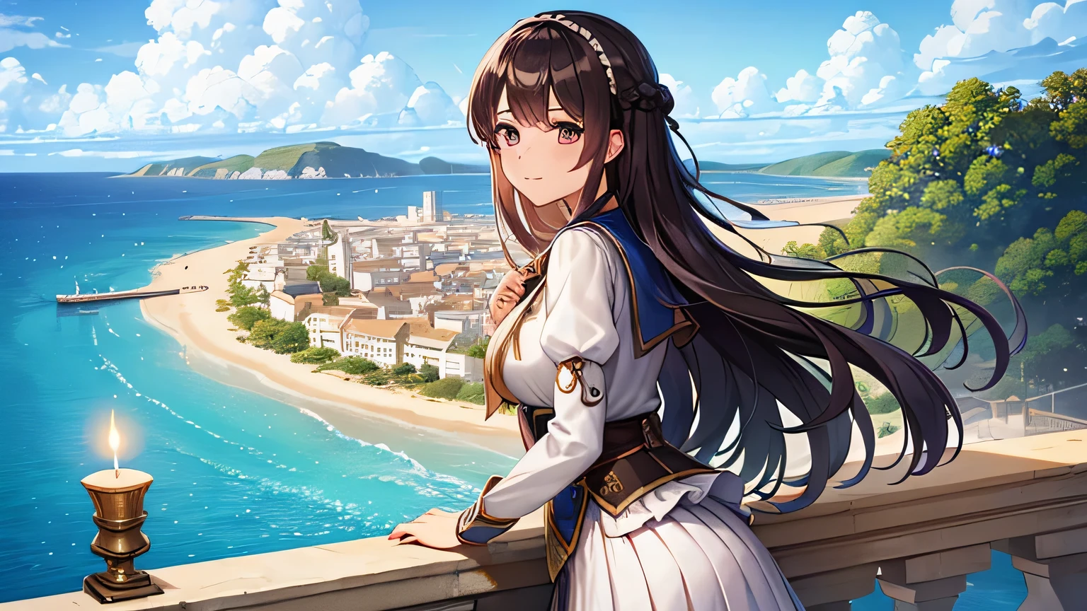 (Obra maestra, super high quality, super detailed), paisaje, chica joven, Absoluto, velas escarlatas, chica mirando el mar desde la costa, camera looking at the sea, detalles intrincados, sailing ship with velas escarlatas, Una escena de una novela de Alexander Greene. "velas escarlatas"