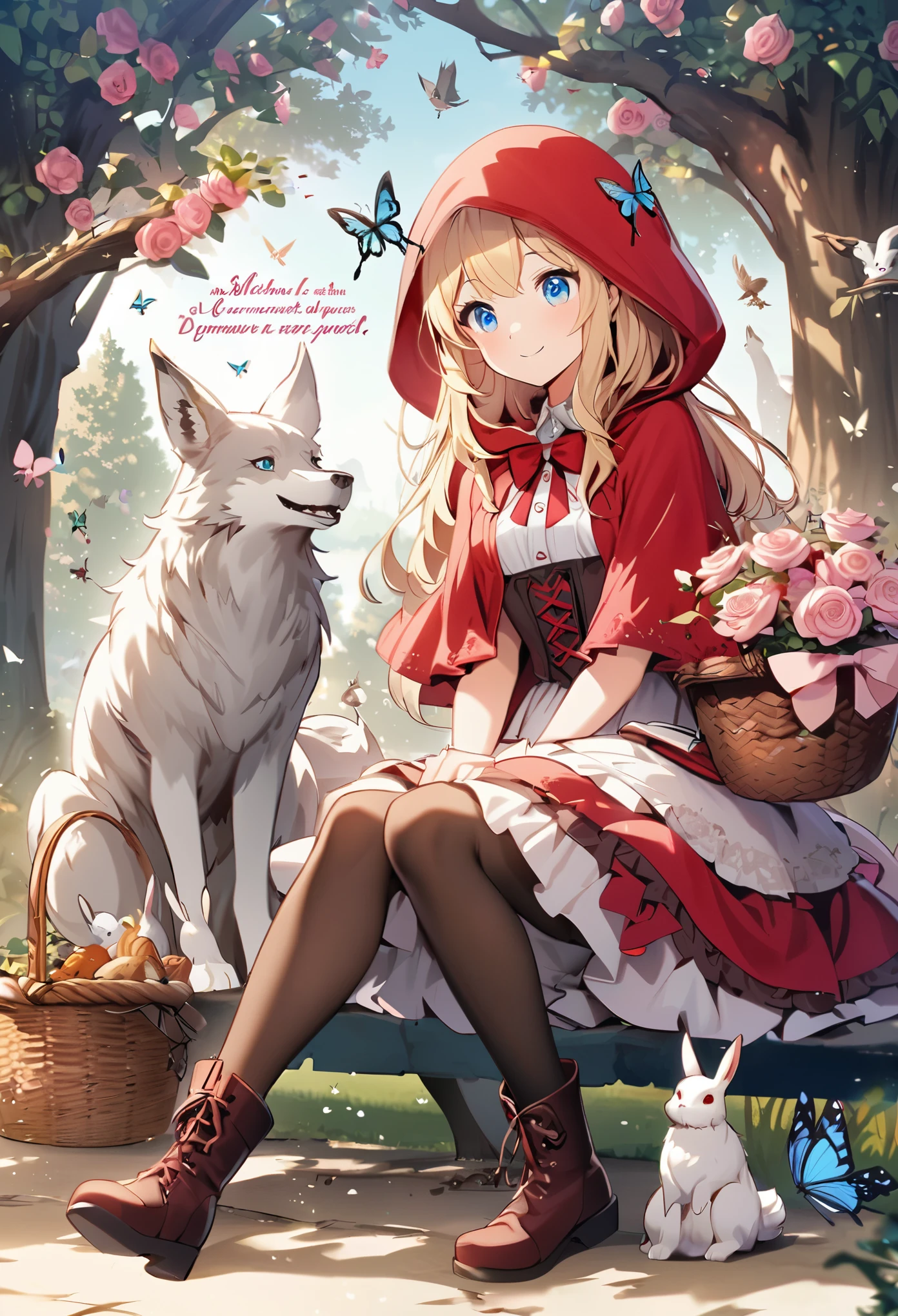 little red riding hood \(grimm\), flower, blonde hair, boots, blue eyes, butterfly, rose, rabbit, bug, pantyhose, pink rose, bird, long hair, sitting, french text, hood, english text, basket, wolf, multiple girls, tree, 1girl, smile, dress, food, pink flower, colors