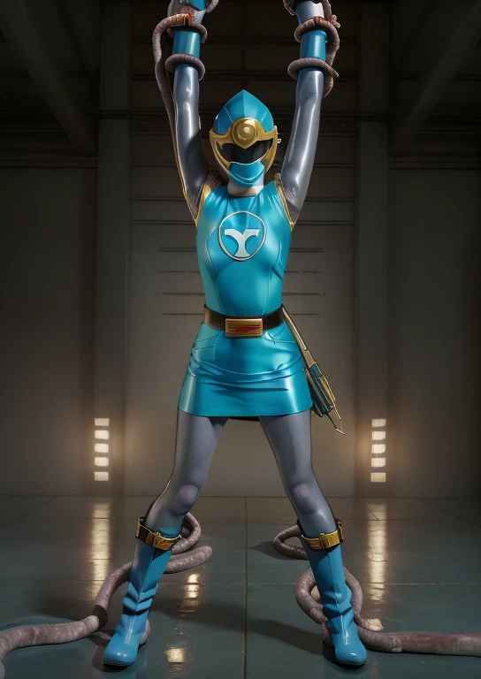 (best quality, masterpiece, RAW photo,ultra-detailed:1.2), 1girl, solo, looking at viewer, ((Hurricane Blue outfit, belt, gloves, helmet, blue spandex vest, sunglasses, blue boots, blue skirt, gray leggings, white gloves)), large breasts, (((spread legs:1.1))), ((tentacles:1)), nsfw, choking, raised arms, tentacles wrap around body, dark room, eerie light, close up, industrial background, upper half body, creampie, wet