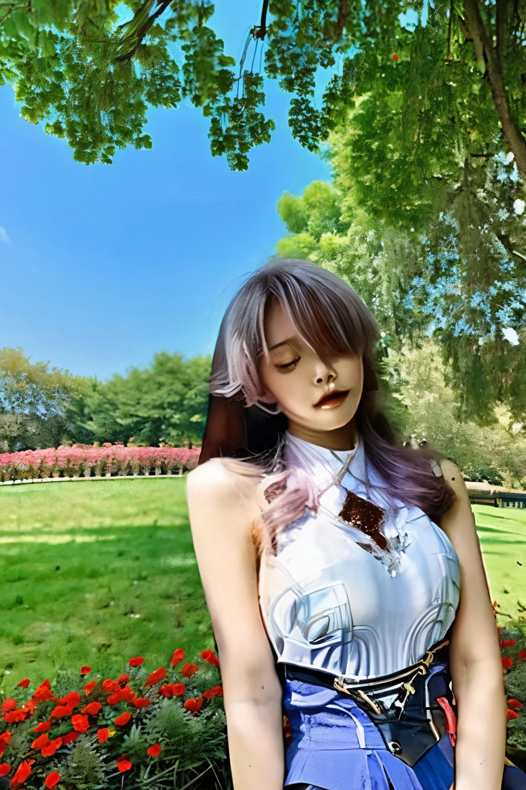 big breasts and big breasts_wide, Sweet girl, White hair,(Large breasts:1.2), Long hair, side locks, Parted bangs, hair adornments, jewelry, Bare shoulders, Detached sleeves, Blue dress,Upper body, Outdoors, Sunshine, Lawn, Flowers, Sunny, Lake, park,