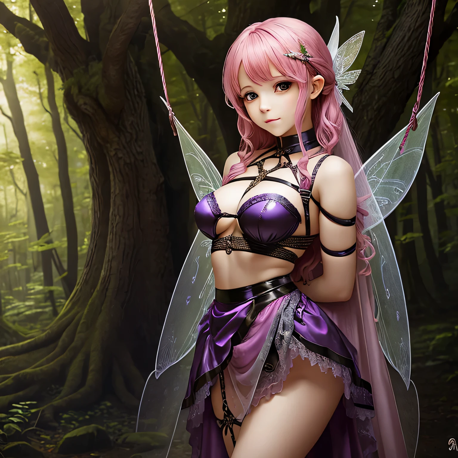 Make a picture where a beautiful fairy is bound and gagged, bound, she wearing a sheer skirt,gr3ysh33r