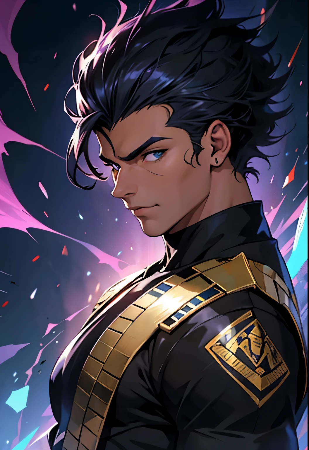 androgen, homem, forte, androgen, moreno, preto, moreno, muito moreno, símbolos Egyptians na testa que nem na imagem, Egyptian, god of chaos and destruction, anime homem moreno, anime homem forte, anime Egyptian