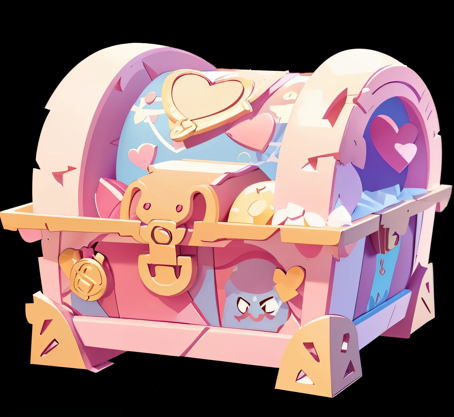 symmetrical pattern,,treasure chest, pink color, cute, Disney style, European and American cartoons, stylized game art game assets, 3d rendering style, stylized game art, 3d icons for mobile games, , games Icon stylization, mobile game assets, detailed game art, game icon assets,Negative prompt,Feminine, bright colors