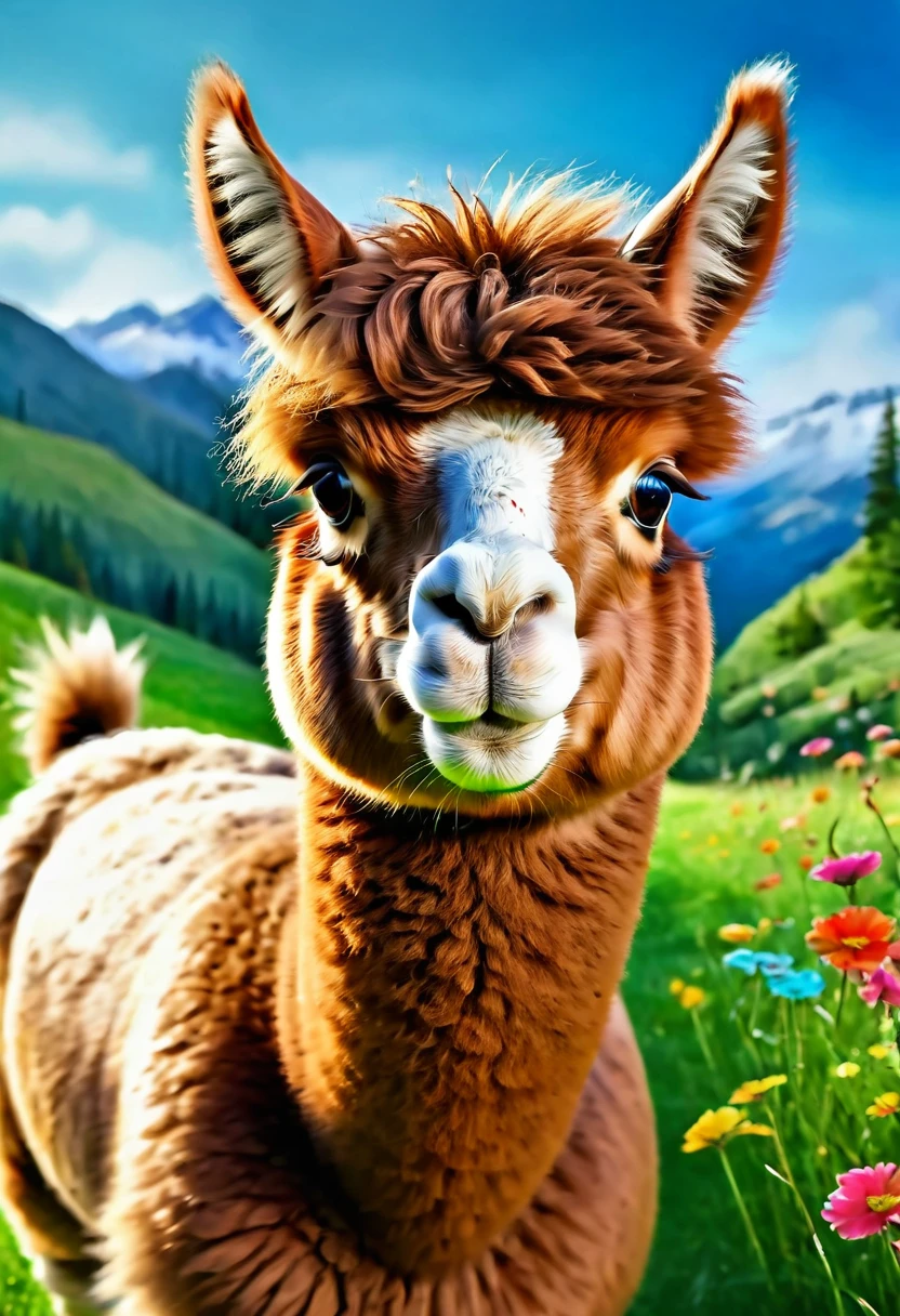 An Alpaca, aesthetic, (an alpaca),random things,illustration,playful alpaca,curious alpaca,funny expressions,cute alpaca,fluffy fur,adorable alpaca face,beautiful eyes,expressive mouth,green grassy field,clear blue sky,colorful flowers,jumping alpaca,happy alpaca face,cheerful scene,joyful movements,creative alpaca,imaginative scenes,vibrant colors,artistic rendering,highres,ultra-detailed,realistic lighting,bokeh