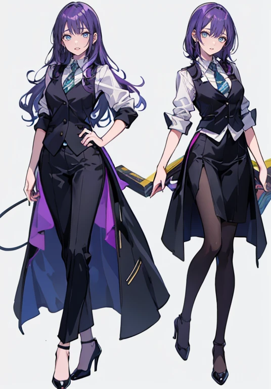 ((Perfect Face)),Purple Hair,voluminous long hair,1 female,bartender,suit,Black vest,Shirt with rolled up sleeves,tie,High heels,,((Simple Background)),smile,((whole body)),((whole body)),Portraiture,virtual,upright,,both arms are down,Standing upright with face and body facing forward,