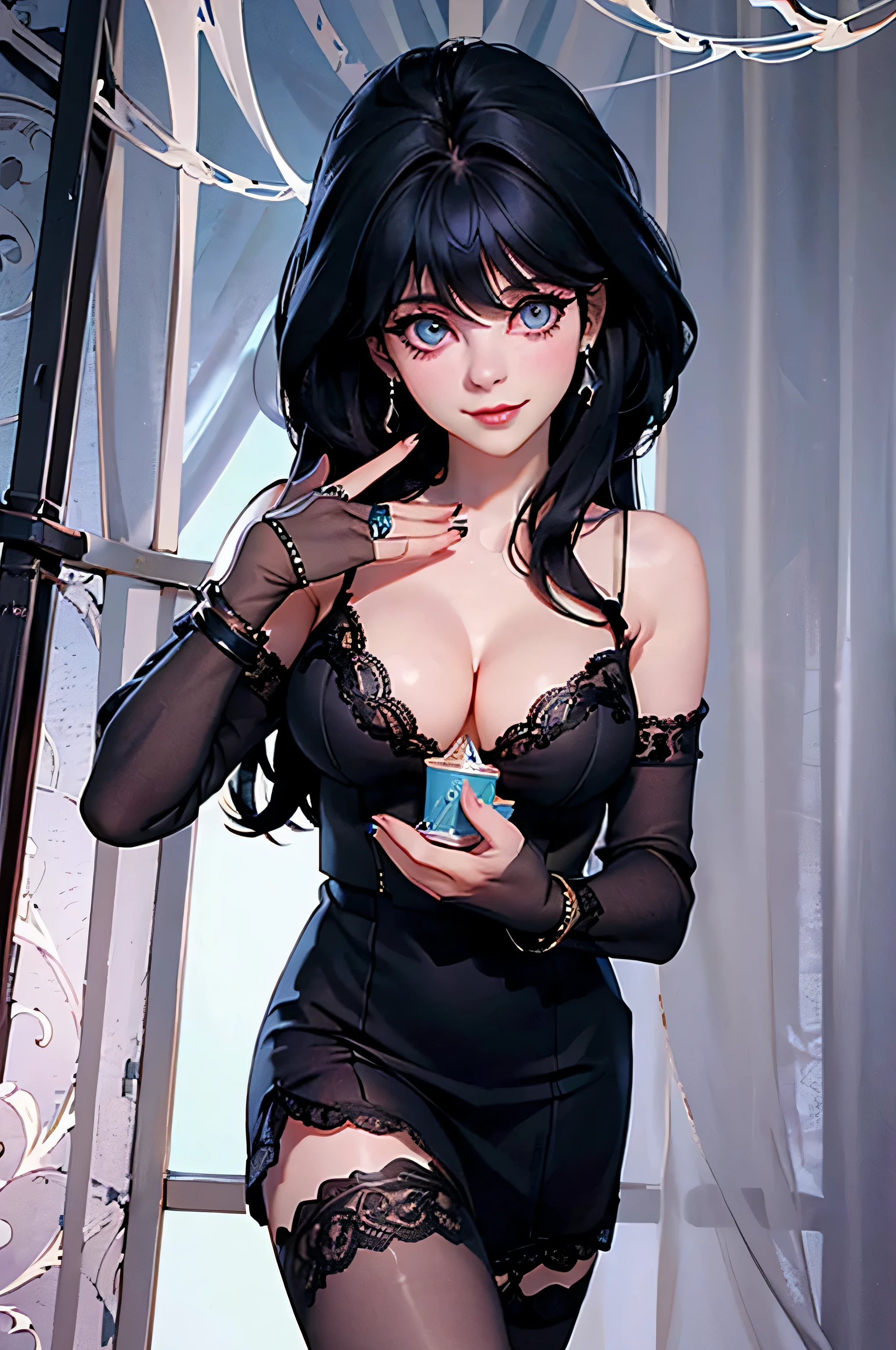 z003yd-v1, Elvira768, Zooey Deschanel, , gynoid physique, (solo:1.1), zooey deschanel, perfect face, (((gothic lingerie))), (((long lace translucent gloves))), (((Jewelry, bracelet))), cup size E, (((black lace patterned stockings))), solo focus, fully clothed, smartly dressed, smiling, careless styling, medium length hair, dark blue hair, bright eyes blue like the sky, beatiful detailed eyes，bright pupils，（Very fine and beautiful），（Beautiful and detailed eye description), [[delicate fingers and hands:0.55]::0.85], (detail of fingers), facing at camera, (Background with：school corridor，mystic atmosphere), (illustration, cartoon, masterpiece, highly detailed, best qualtiy，cinematic lighting，muted colors, detailed background, A high resolution)