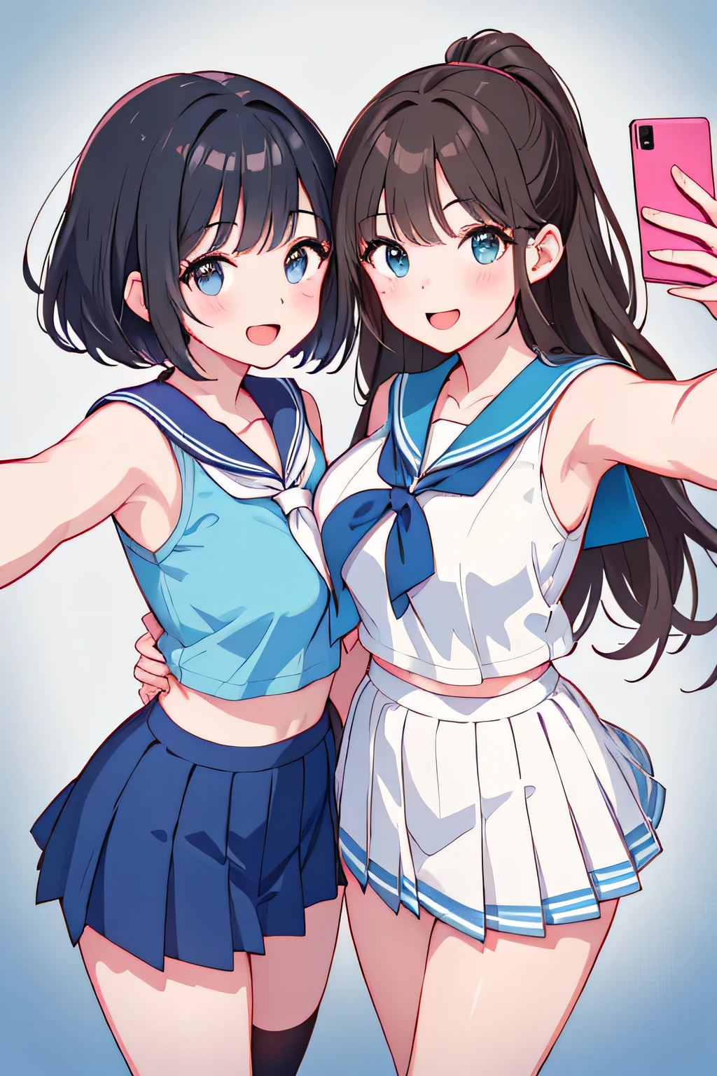 (highest quality:1.4)、High resolution、Detailed Background、(Detailed beautiful face:1.4)、Anatomically correct、(Depict the normal number of fingers:1.3)、(Detailed facial expressions)、Realistic、Beautiful fingers、Beautiful, smooth skin、age beauty、(Three Women)、(Huge breasts:1.1)、Perfect body line、Attractive thighs、brown hair、Black Hair、cute hair color、Brightly colored inner hair、Bobcut、ponytail、Long Hair、cute hairstyle、Show off your attractive armpits、I'm a little excited、Looks like a fun atmosphere、Cowboy Shot、
Sexy Sailor Suit、light blue sailor color、Pleated mini skirt、White knee-high socks、Absolute area、A big smile、playfully、Wait for the train at the station platform、Sexual expressions、
(Two beautiful girls happily taking a selfie side by side:1.3)、Low - Angle、cute
