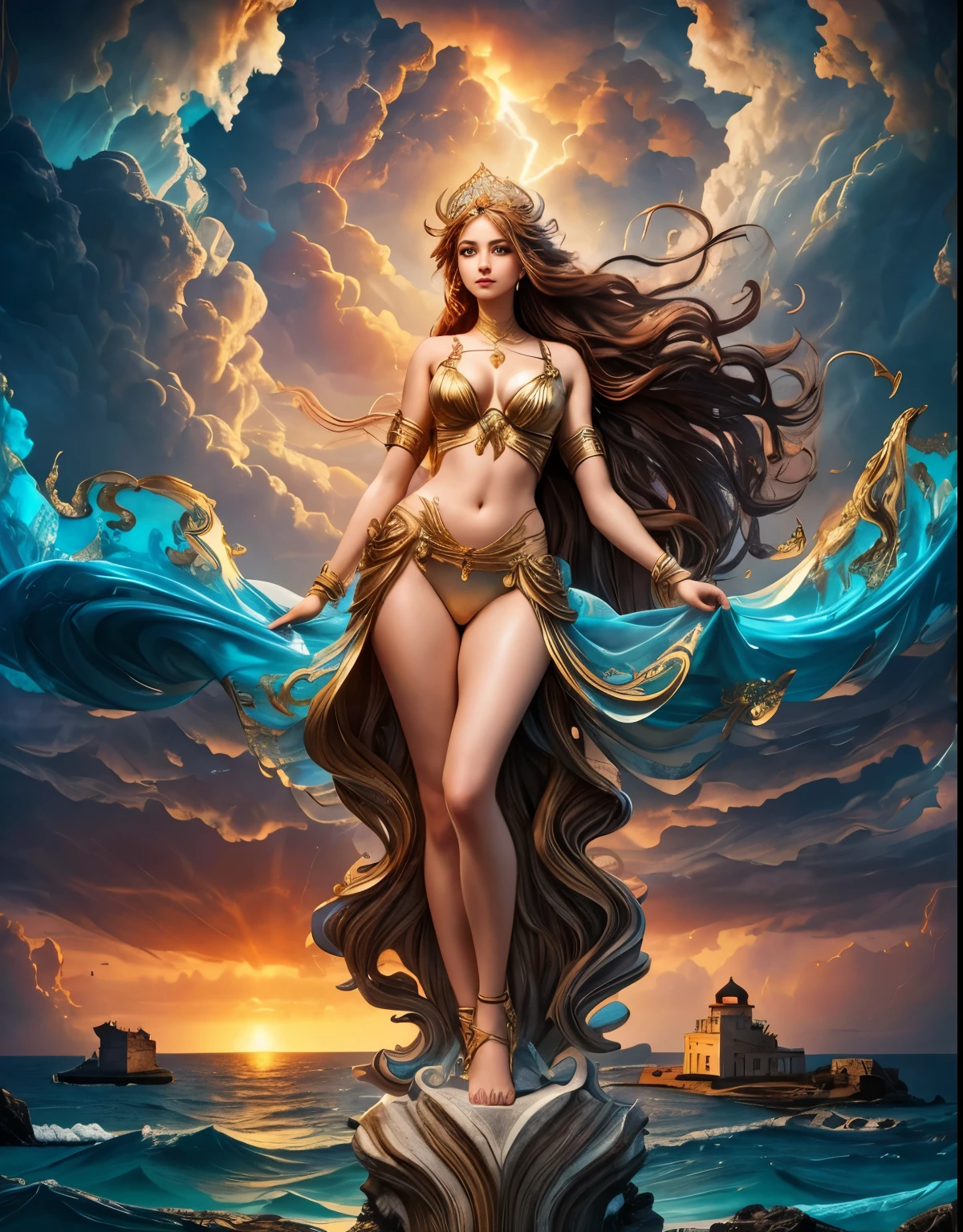 Surreal art of a beautiful woman embodying the goddess of the sea, standing on an ancient column immersed in abstract sea waves, her long brown hair with bright golden locks fluttering in the stormy air as the spectacular setting sun paints the sky with clouds red. dark clouds intertwined with lightning and a gentle drizzle, watercolor style masterpiece with an effect that creates a stormy sky, transparent swimsuit underwear, blurred ancient Greek city in the distance, ancient city in the fog, shining lighthouse, lighthouse illuminates the sea, goddess dressed with gold jewelry, a girl from the front looking at the viewer, poses on a marble pedestal, stands on a marble column, 8k resolution, high quality art, lady pose in motion, fantasy, poster high cinematographic quality, overexposure of elements, fracturing,