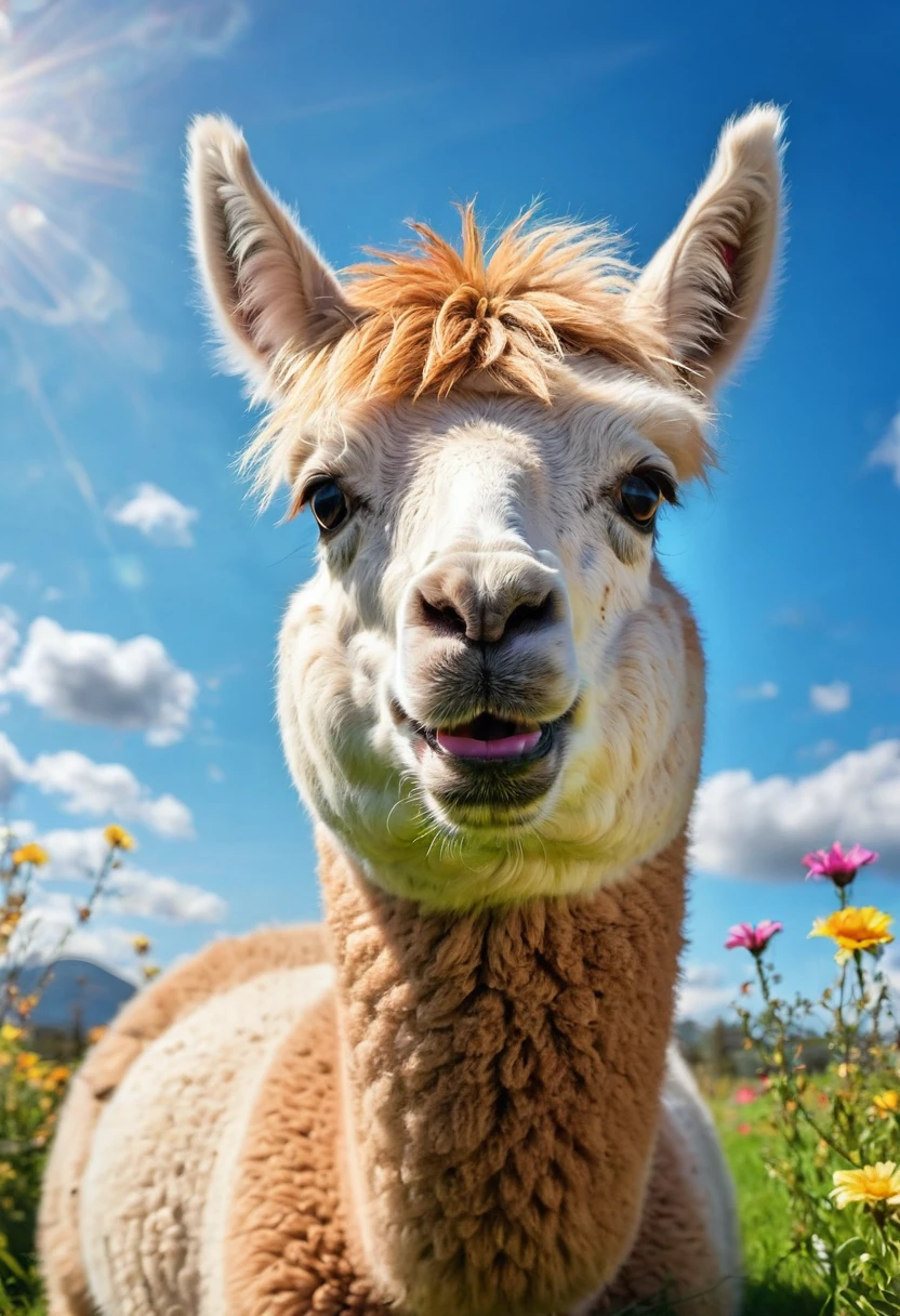 An Alpaca, aesthetic, (an alpaca),random things,illustration,playful alpaca,curious alpaca,funny expressions,cute alpaca,fluffy fur,adorable alpaca face,beautiful eyes,expressive mouth,green grassy field,clear blue sky,colorful flowers,jumping alpaca,happy alpaca face,cheerful scene,joyful movements,creative alpaca,imaginative scenes,vibrant colors,artistic rendering,highres,ultra-detailed,realistic lighting,bokeh