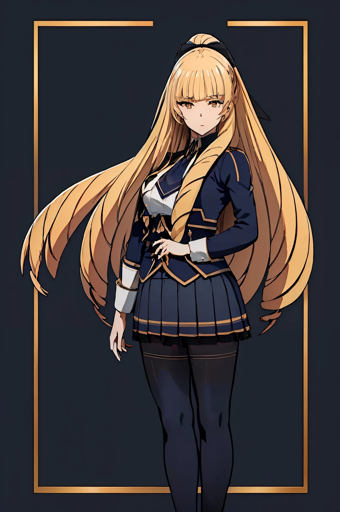 Hair ribbon, (High_ponytail:1.2), yellow eyes,(blonde_hair:1.2), blunt bangs,Long hair, 
BREAK (blazer, bow, jacket, pantyhose, pleated skirt, , shirt, skirt:1.2),
BREAK simple_black_background, black and white theme, Sense of coordination, sense of order, mathematics beauty, (((cover design))), (((((cover art))))),
BREAK best quality, masterpiece, highres,  (perfect hands, perfect anatomy),(intricate details, masterpiece, 8k, UHD, highres),