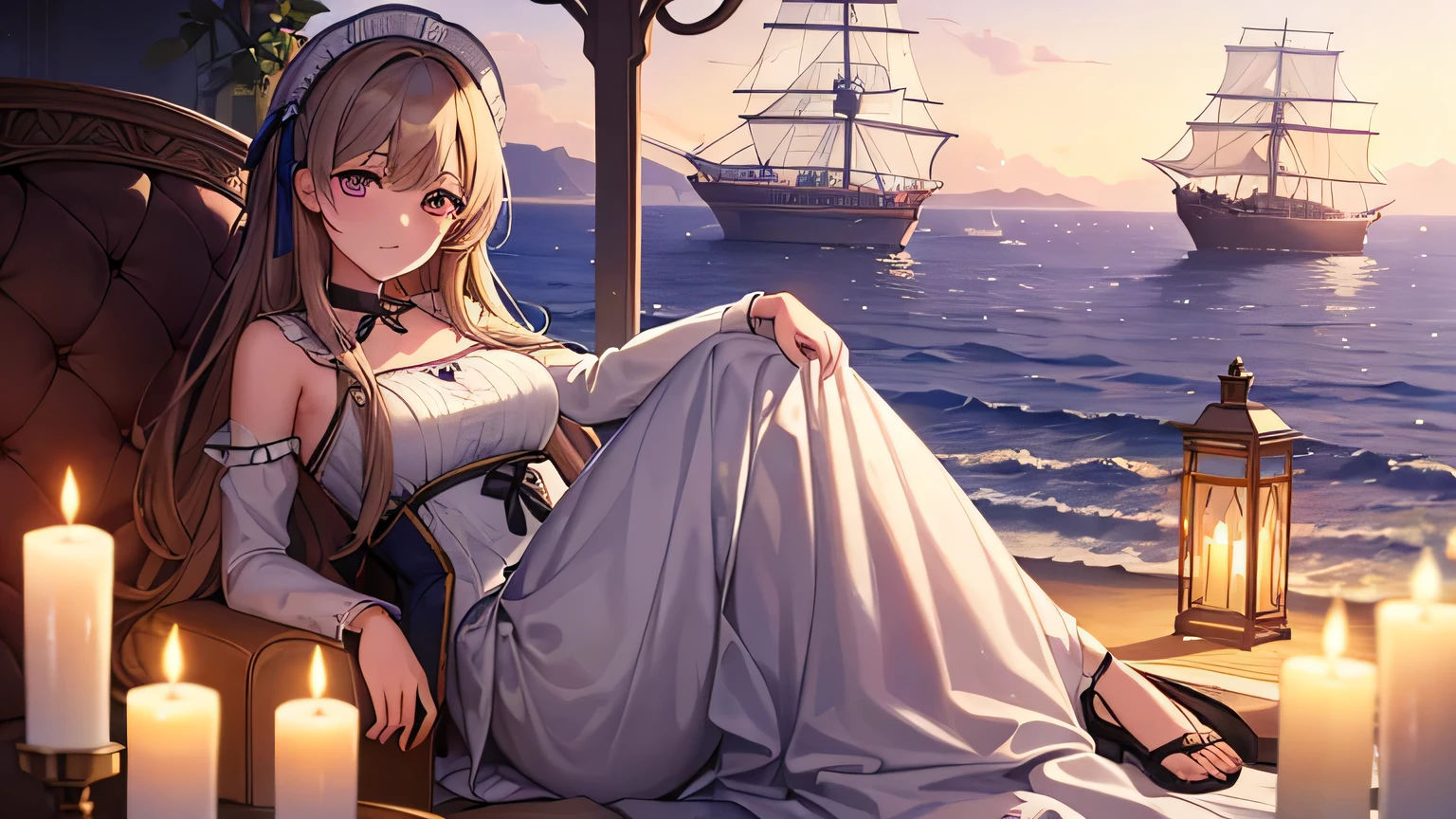 (Obra maestra, super high quality, super detailed), paisaje, chica joven, Absoluto, velas escarlatas, girl looking at the sea from the coast, camera looking at the sea, detalles intrincados, sailing ship with velas escarlatas, Una escena de una novela de Alexander Greene. "velas escarlatas"