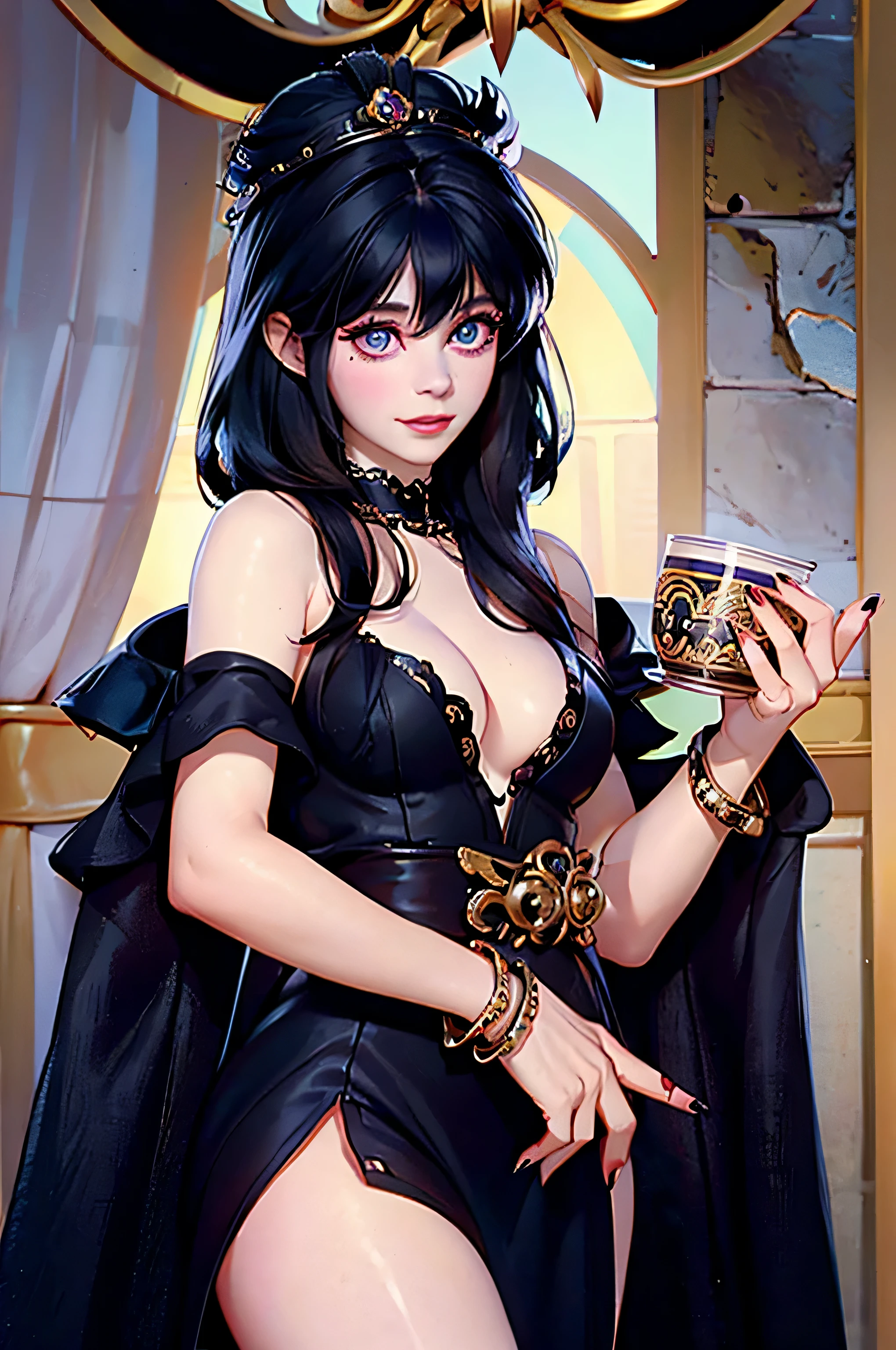 z003yd-v1, Elvira768, Zooey Deschanel, age 16, gynoid physique, (solo:1.1), zooey deschanel, perfect face, (((gothic costume))), (((Dressed in an ornate black robe))), (((Jewelry, bracelet))), cup size E, (((bare shoulders))), solo focus, fully clothed, smartly dressed, smiling, careless styling, medium length hair, dark blue hair, bright eyes blue like the sky, beatiful detailed eyes，bright pupils，（Very fine and beautiful），（Beautiful and detailed eye description), [[delicate fingers and hands:0.55]::0.85], (detail of fingers), facing at camera, (Background with：school corridor，mystic atmosphere), (illustration, cartoon, masterpiece, highly detailed, best qualtiy，cinematic lighting，muted colors, detailed background, A high resolution)