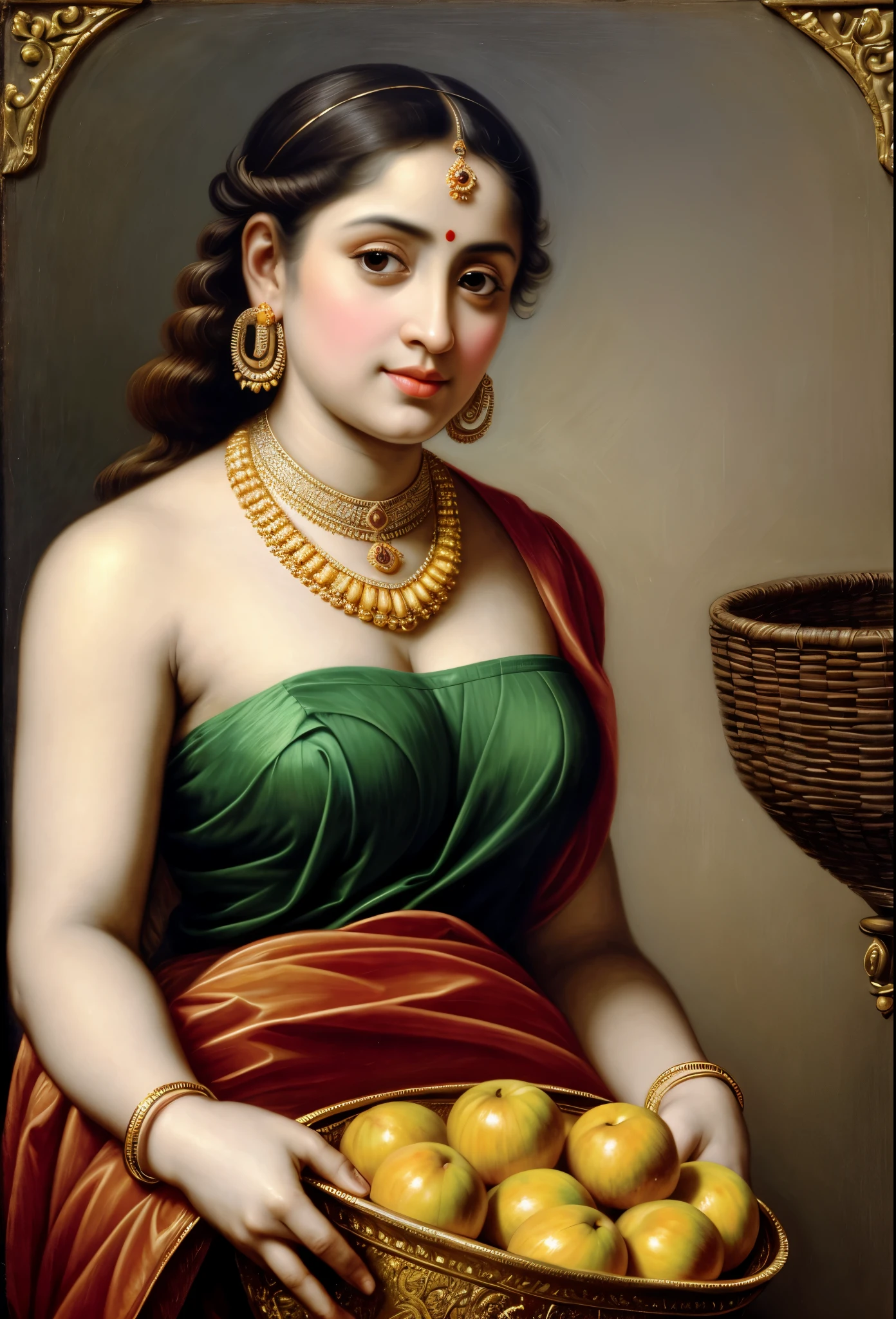 Looks like Jannat Zubair, Beautiful Indian Woman, wearing saree, sari Beauty, gorgeous, Apsara, Maharani, royal queen woman, nymph from Hindu Mythology, Urvashi, matchless beauty, Highly detailed, Oil Painting by Peter Paul Rubens inspired by Raja Ravi Varma, Matchless beauty, captivating, gorgeous, heavenly beauty, celestial beauty, by Peter Paul Rubens, , realistic, hyper realistic, micro details, incredible artwork, insane details, ultra High resolution, 8k, 32k, acrylic on canvas, intricate, flawless, detailed, detailed face, detailed eyes, masterpiece, by Peter Paul Rubens, by Caravaggio, by William Adolphe bouguereau, perfect face, perfect body, beautiful art, realism, baroque, renaissance Art, highly textured, beautiful and detailed eyes, uhd, best quality,