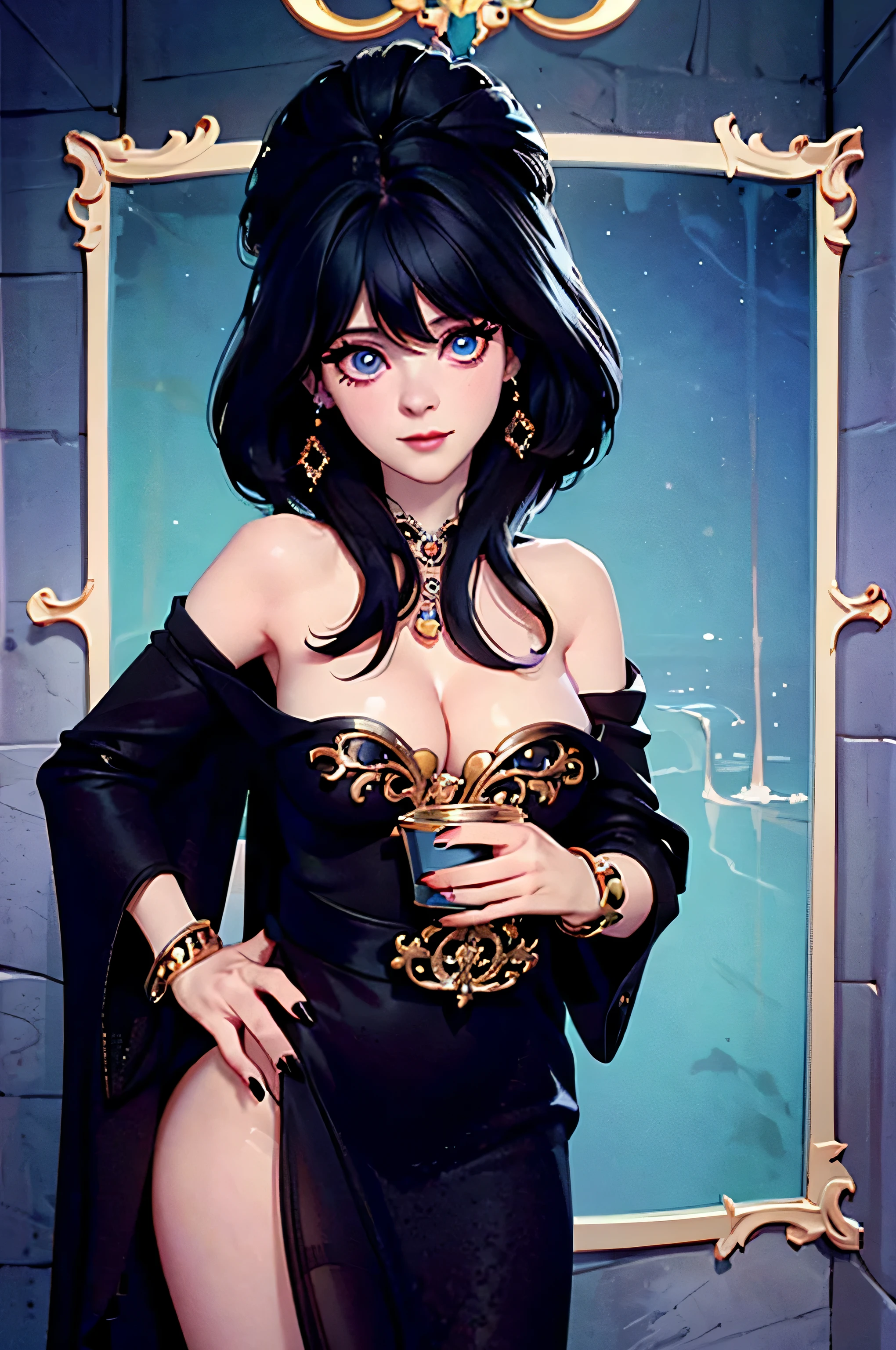 z003yd-v1, Elvira768, Zooey Deschanel, age 16, gynoid physique, (solo:1.1), zooey deschanel, perfect face, (((gothic costume))), (((Dressed in an ornate black robe))), (((Jewelry, bracelet))), cup size E, (((bare shoulders))), solo focus, fully clothed, smartly dressed, smiling, careless styling, medium length hair, dark blue hair, bright eyes blue like the sky, beatiful detailed eyes，bright pupils，（Very fine and beautiful），（Beautiful and detailed eye description), [[delicate fingers and hands:0.55]::0.85], (detail of fingers), facing at camera, (Background with：school corridor，mystic atmosphere), (illustration, cartoon, masterpiece, highly detailed, best qualtiy，cinematic lighting，muted colors, detailed background, A high resolution)