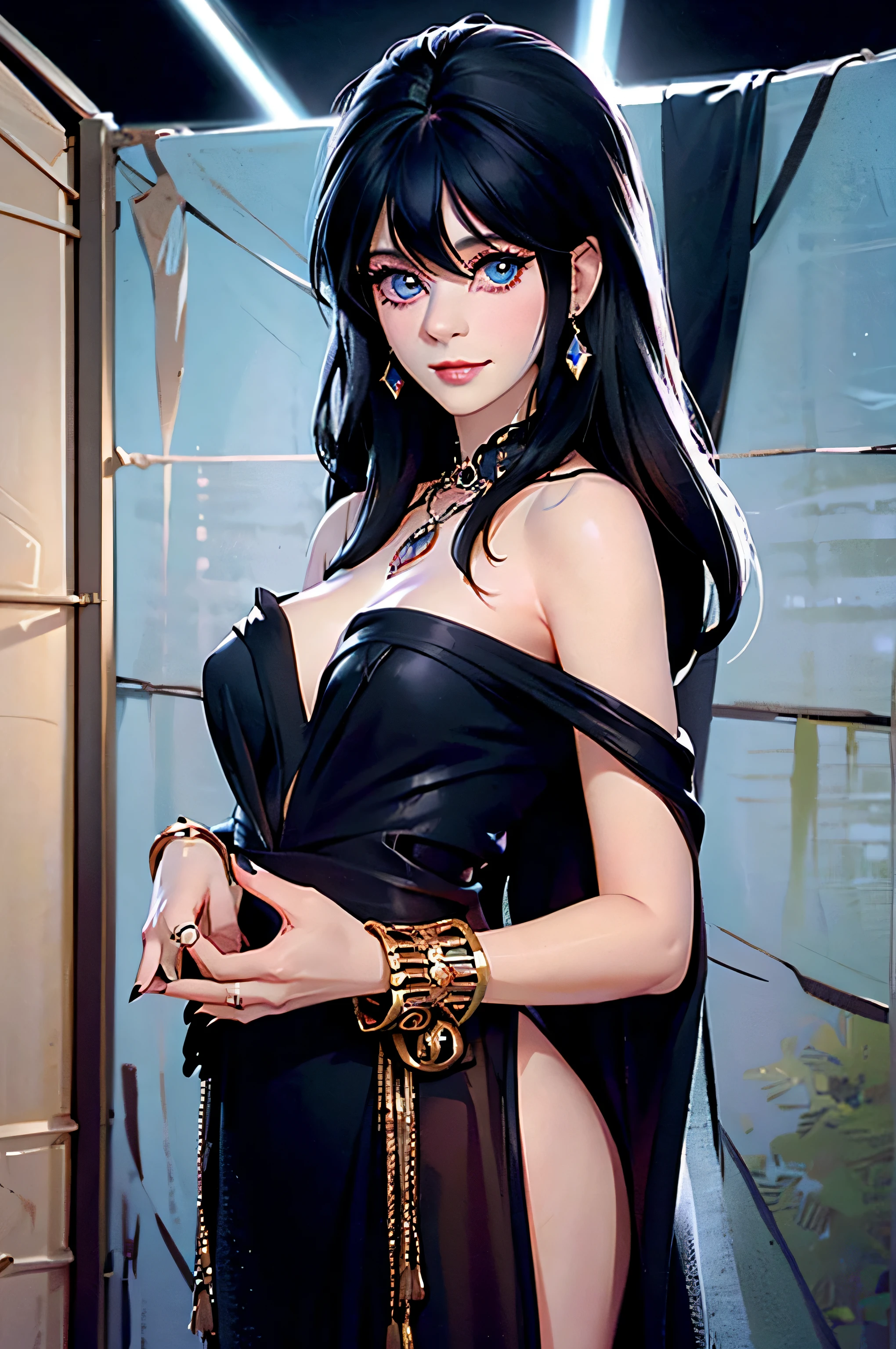 z003yd-v1, Elvira768, Zooey Deschanel, age 16, gynoid physique, (solo:1.1), zooey deschanel, perfect face, (((gothic costume))), (((Dressed in an ornate black robe))), (((Jewelry, bracelet))), cup size E, (((bare shoulders))), solo focus, fully clothed, smartly dressed, smiling, careless styling, medium length hair, dark blue hair, bright eyes blue like the sky, beatiful detailed eyes，bright pupils，（Very fine and beautiful），（Beautiful and detailed eye description), [[delicate fingers and hands:0.55]::0.85], (detail of fingers), facing at camera, (Background with：school corridor，mystic atmosphere), (illustration, cartoon, masterpiece, highly detailed, best qualtiy，cinematic lighting，muted colors, detailed background, A high resolution)