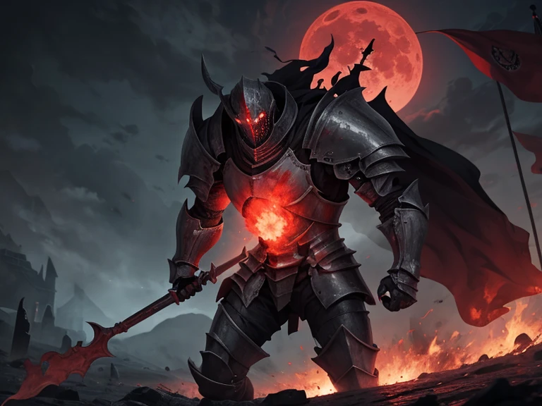horrific, malformed knight, liminal space, red moon, charging from ash carrying a massive flag