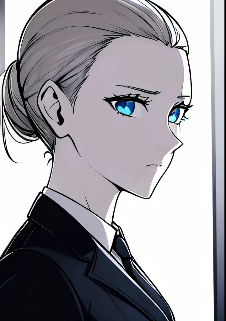One Young Adult female, pale blonde slicked back into a short ponytail with a single bang on the left hand side, steel blue eyes, light and carefree expression, wearing black suit jacket and tie, portrait style, facing forwards
