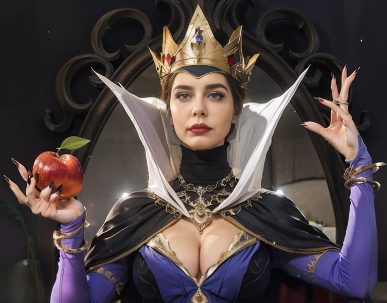 Masterpiece, best quality, detailed face, perfect eyes, Evil Queen, looking at the camera, mirror behind her, black nails, cleavage, looking at viewer,