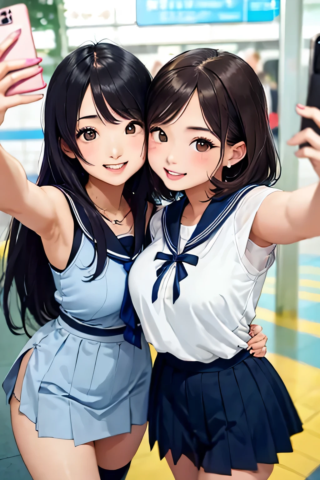 (highest quality:1.4)、High resolution、Detailed Background、(Detailed beautiful face:1.4)、Anatomically correct、(Depict the normal number of fingers:1.3)、(Detailed facial expressions)、Realistic、Beautiful fingers、Beautiful, smooth skin、age beauty、(Three Women)、(Huge breasts:1.1)、Perfect body line、Attractive thighs、brown hair、Black Hair、cute hair color、Brightly colored inner hair、Bobcut、ponytail、Long Hair、cute hairstyle、Show off your attractive armpits、I'm a little excited、Looks like a fun atmosphere、Cowboy Shot、
Sexy Sailor Suit、light blue sailor color、Pleated mini skirt、White knee-high socks、Absolute area、A big smile、playfully、Wait for the train at the station platform、Sexual expressions、
(Two beautiful girls happily taking a selfie side by side:1.3)、Low - Angle、cute