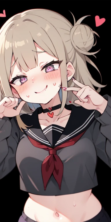 toga himiko, boku no hero academia, 1girl, bangs, black sailor collar, black thighhighs, blonde hair, blue sailor collar, blunt bangs, blush,, brown cardigan, cowboy shot, double bun, grin, hair , yellow eyes , long sleeves, messy hair, narrowed eyes, smile, big breasts. 8K, ultra detailed, beautiful and aesthetic, High quality, beautiful, masterpiece, best quality, standing, leaning forward, shiny skin, tongue out of mouth, blush, sexy body, defined body, perfect eyes, tongue out, blush, crossed eyes, (((close up face)))