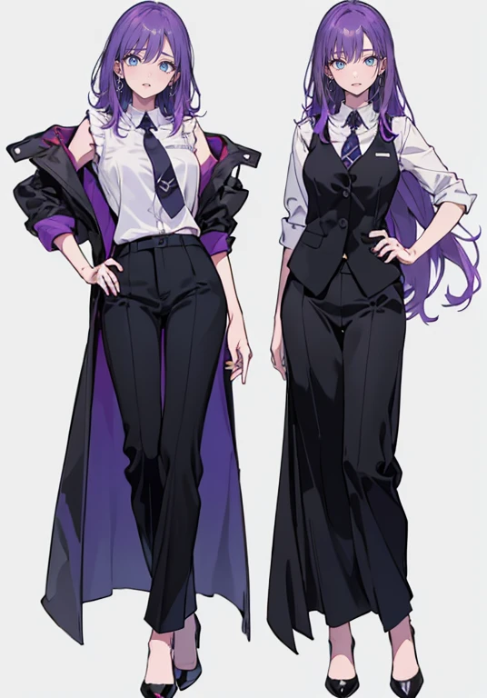 ((Perfect Face)),Purple Hair,voluminous long hair,1 female,bartender,suit,Black vest,Shirt with rolled up sleeves,tie,High heels,,((Simple Background)),smile,((whole body)),((whole body)),Portraiture,virtual,upright,,both arms are down,Standing upright with face and body facing forward,