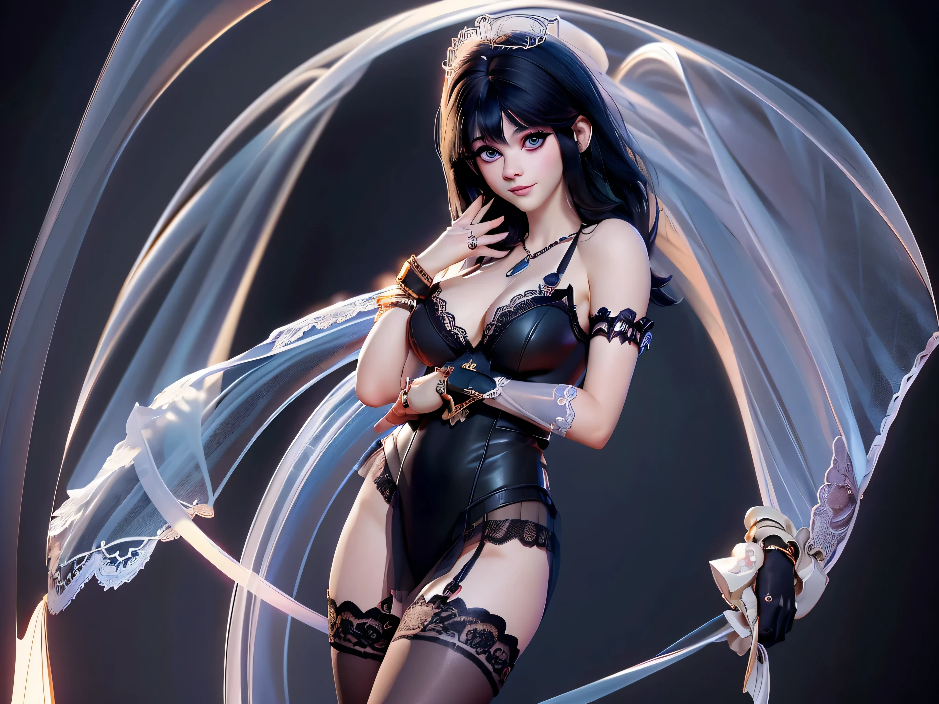 z003yd-v1, Elvira768, Zooey Deschanel, age 16, gynoid physique, (solo:1.1), zooey deschanel, perfect face, (((gothic lingerie))), (((long lace translucent gloves))), (((Jewelry, bracelet))), cup size E, (((black lace patterned stockings))), solo focus, fully clothed, smartly dressed, smiling, careless styling, medium length hair, dark blue hair, bright eyes blue like the sky, beatiful detailed eyes，bright pupils，（Very fine and beautiful），（Beautiful and detailed eye description), [[delicate fingers and hands:0.55]::0.85], (detail of fingers), facing at camera, (Background with：school corridor，mystic atmosphere), (illustration, cartoon, masterpiece, highly detailed, best qualtiy，cinematic lighting，muted colors, detailed background, A high resolution)