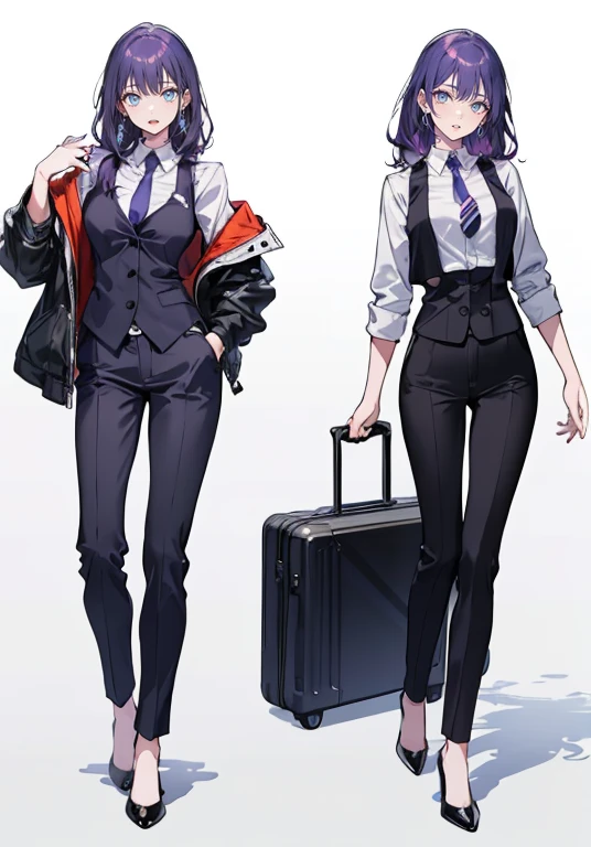 ((Perfect Face)),Purple Hair,voluminous long hair,1 female,bartender,suit,Black vest,Shirt with rolled up sleeves,tie,High heels,,((Simple Background)),smile,((whole body)),((whole body)),Portraiture,virtual,upright,,both arms are down,Standing upright with face and body facing forward,