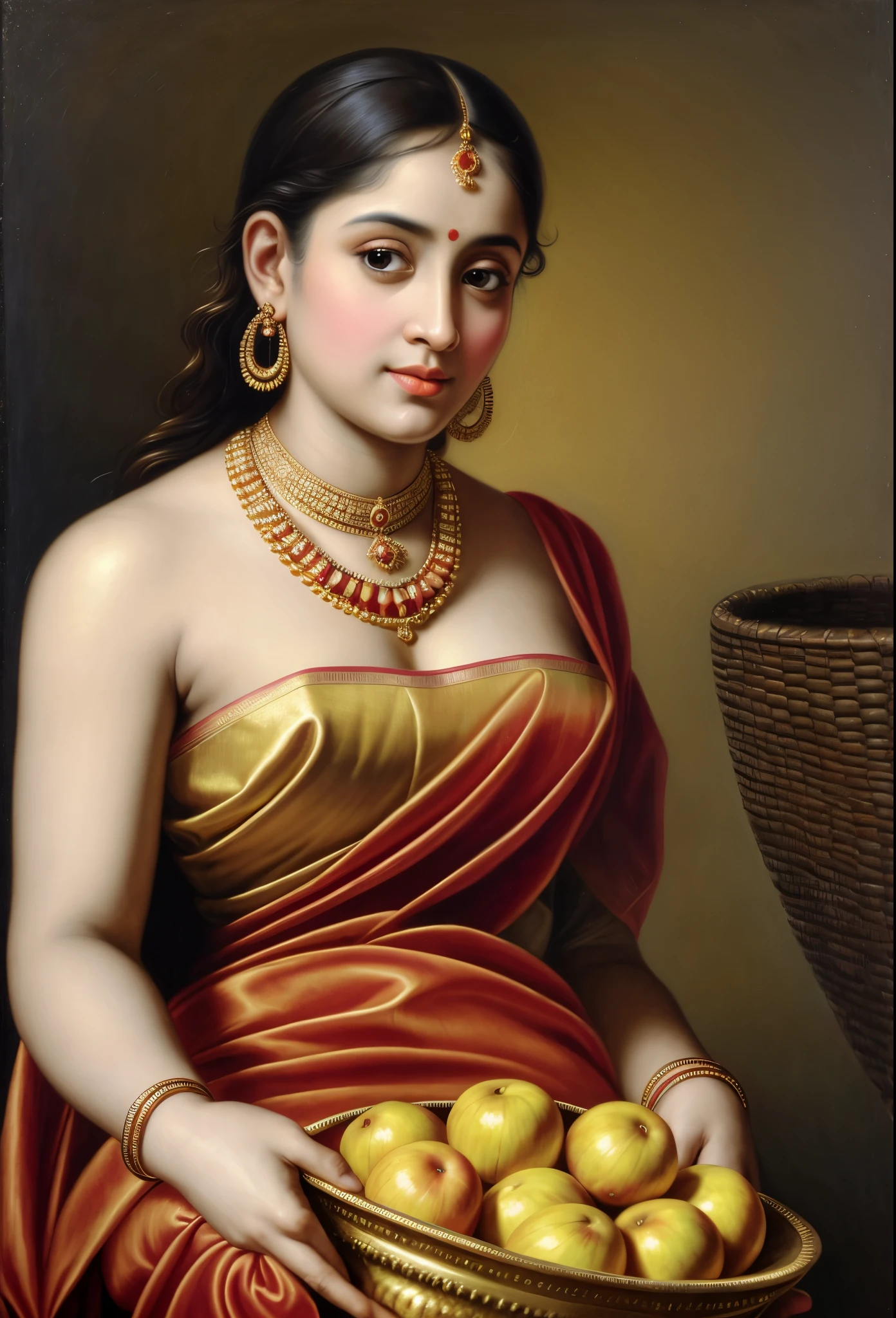 Looks like Jannat Zubair, Beautiful Indian Woman, wearing saree, sari Beauty, gorgeous, Apsara, Maharani, royal queen woman, nymph from Hindu Mythology, Urvashi, matchless beauty, Highly detailed, Oil Painting by Peter Paul Rubens inspired by Raja Ravi Varma, Matchless beauty, captivating, gorgeous, heavenly beauty, celestial beauty, by Peter Paul Rubens, , realistic, hyper realistic, micro details, incredible artwork, insane details, ultra High resolution, 8k, 32k, acrylic on canvas, intricate, flawless, detailed, detailed face, detailed eyes, masterpiece, by Peter Paul Rubens, by Caravaggio, by William Adolphe bouguereau, perfect face, perfect body, beautiful art, realism, baroque, renaissance Art, highly textured, beautiful and detailed eyes, uhd, best quality,