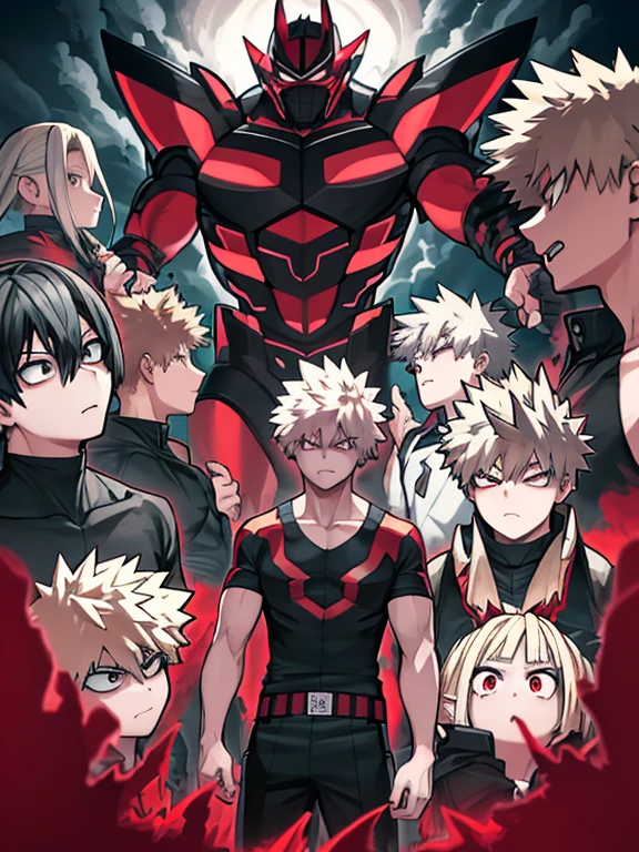A high-resolution wallpaper for mobile phones featuring a captivating image of Manta's intense gaze. La obra de arte, creado por el talentoso u/animado_takumi, muestra el estilo magistral de Horikoshi Kouhei, el creador de la querida serie "Boku no Hero Academia." Manta, Also known as Katsuki Bakugo., He is portrayed with his characteristic blonde hair and piercing red eyes.., Exuda un aura poderosa mientras usa una camiseta sin mangas negra que expone sus musculosos hombros desnudos.. The blurred background adds an air of mystery to the composition., while Manta's focused gaze, apartando la mirada del espectador, hints at the determination and resolve within him. Con sudor brillando en su frente y su boca ligeramente abierta.,