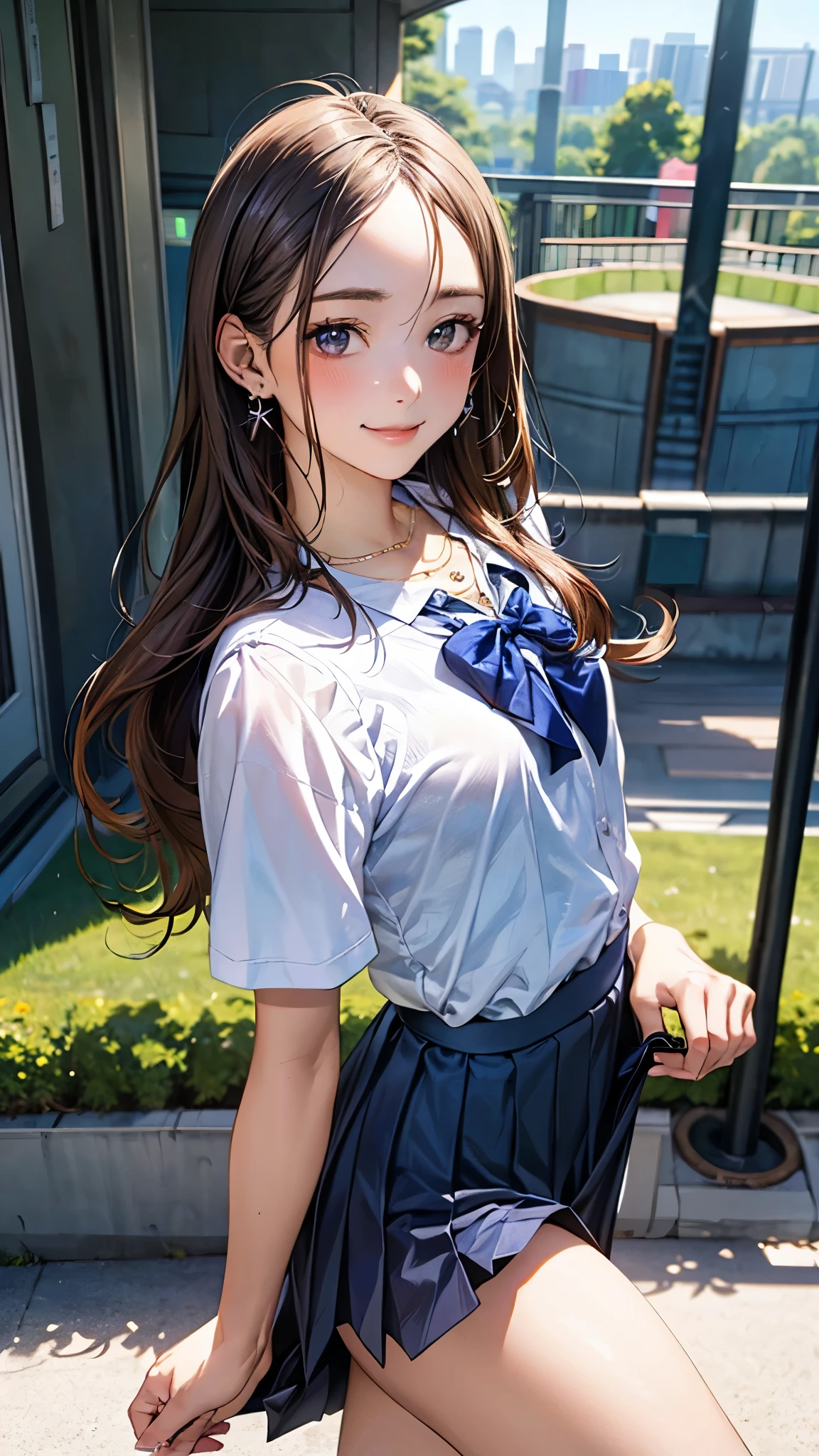 (masterpiece:1.2, top-quality), (realistic, photorealistic:1.4), beautiful illustration, (natural side lighting, movie lighting), nsfw, 
beautiful detailed hair, beautiful detailed face, beautiful detailed eyes, beautiful clavicle, beautiful body, beautiful chest, beautiful thigh, beautiful legs, beautiful hands, 
looking at viewer, 1 girl, japanese, high school girl, perfect face, cute and symmetrical face, shiny skin, 
(long hair, straight hair, brown hair), forehead, gray eyes, slant eyes, big eyes, long eye lasher, (medium breasts), (small ass, thin thighs), slender, outstanding style, 
(detailed cloth texture, short sleeve white collared shirt, navy school vest, navy pleated skirt, navy bow tie), earrings, necklace, 
(beautiful scenery), amusement park, go-round, ferris wheel, (walking, skirt hold), (lovely smile, upper eyes), 