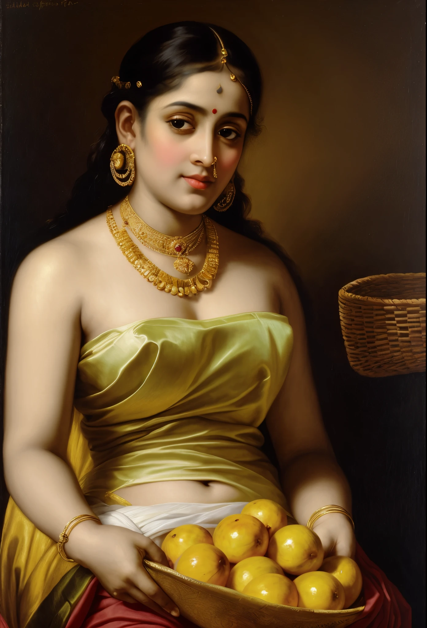 Looks like Jannat Zubair, Beautiful Indian Woman, wearing saree, sari Beauty, gorgeous, Apsara, Maharani, royal queen woman, nymph from Hindu Mythology, Urvashi, matchless beauty, Highly detailed, Oil Painting by Peter Paul Rubens inspired by Raja Ravi Varma, Matchless beauty, captivating, gorgeous, heavenly beauty, celestial beauty, by Peter Paul Rubens, 13, realistic, hyper realistic, micro details, incredible artwork, insane details, ultra High resolution, 8k, 32k, acrylic on canvas, intricate, flawless, detailed, detailed face, detailed eyes, masterpiece, by Peter Paul Rubens, by Caravaggio, by William Adolphe bouguereau, perfect face, perfect body, beautiful art, realism, baroque, renaissance Art, highly textured, beautiful and detailed eyes, uhd, best quality,