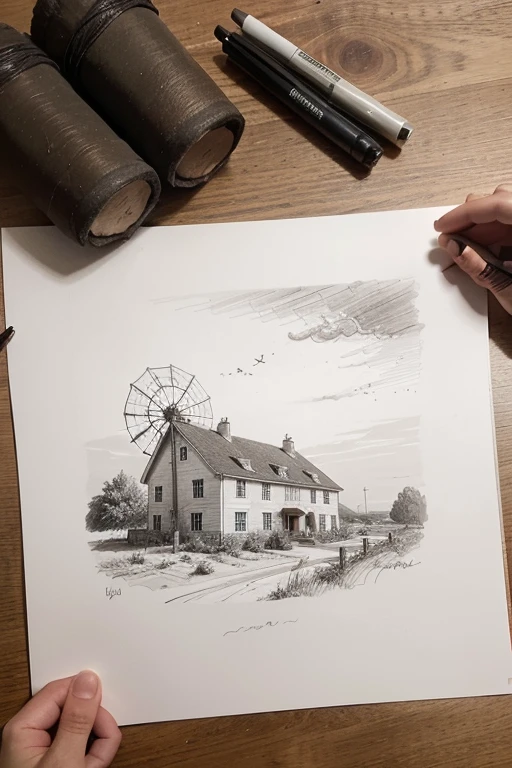Draw a house with a windmill medieval farm drawing using 1 point perspective that a vanishing point on the right of the horizon line that theme a farm