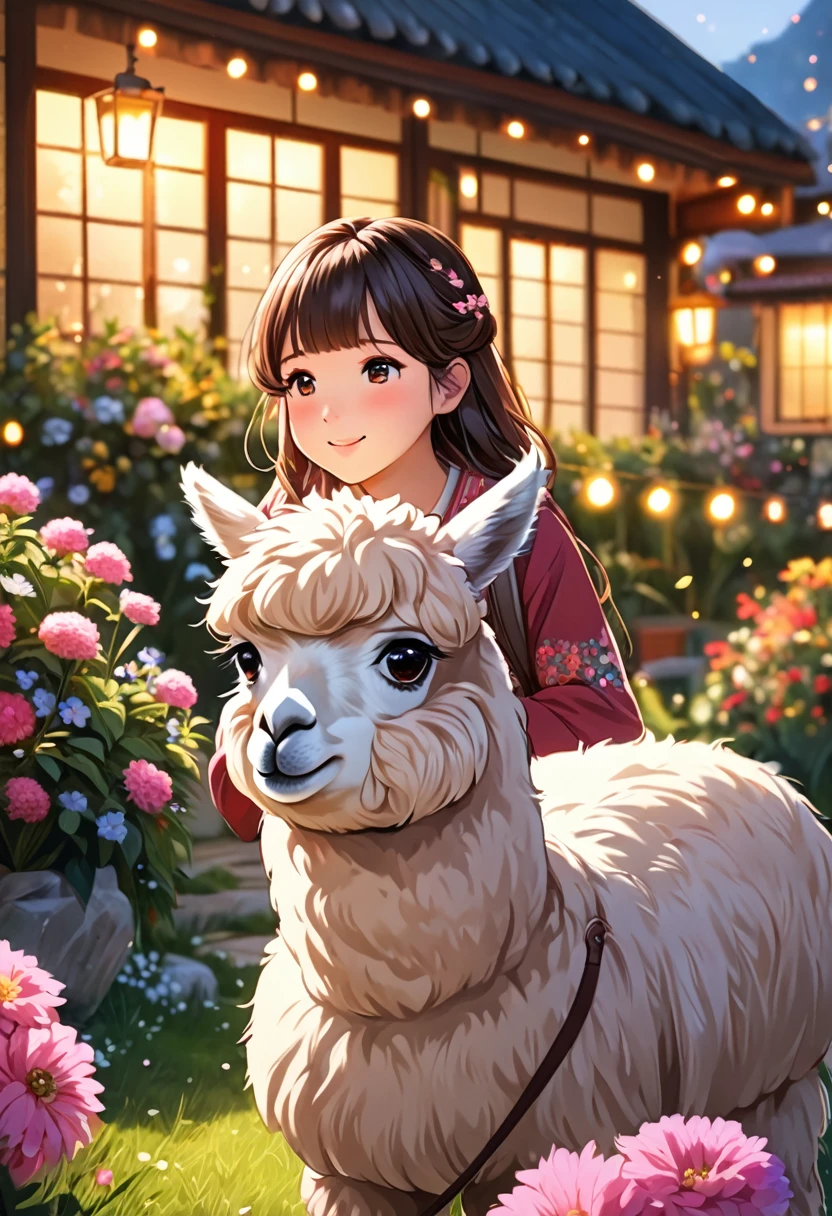 1girl, An Alpaca, aesthetic, a girl playing with an adorable alpaca,soft and fluffy fur,beautiful detailed eyes,peaceful garden,dainty flowers,cheerful atmosphere,colorful sunlight,best quality,ultra-detailed,photorealistic,playful poses,cute and amusing actions,joyful expressions,harmonious relationship,lovely companionship,exquisite details of alpaca's face and body, vibrant colors and textures,artistic rendering,bokeh lighting style,picturesque scenery, cozy and warm ambiance,blissful moments.