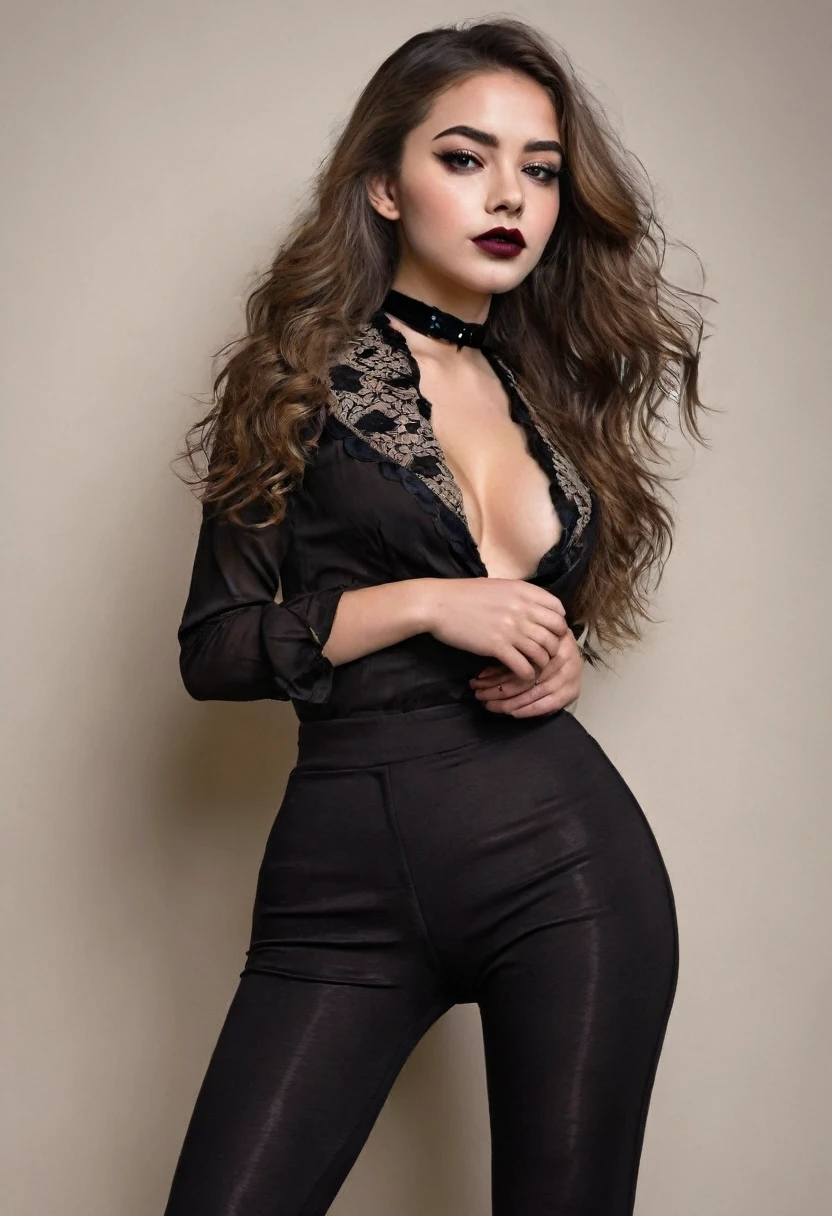 Photorealistic sexy seductive adolescent young girl, young seductive face, dark eyebrows, black eyeliner, black eye shadow, bright blush makeup, vibrant dark lipstick, thick lace choker collar, adolescent young body, thigh high leggings, floor-length long luscious wavy hair, back facing looking forward,