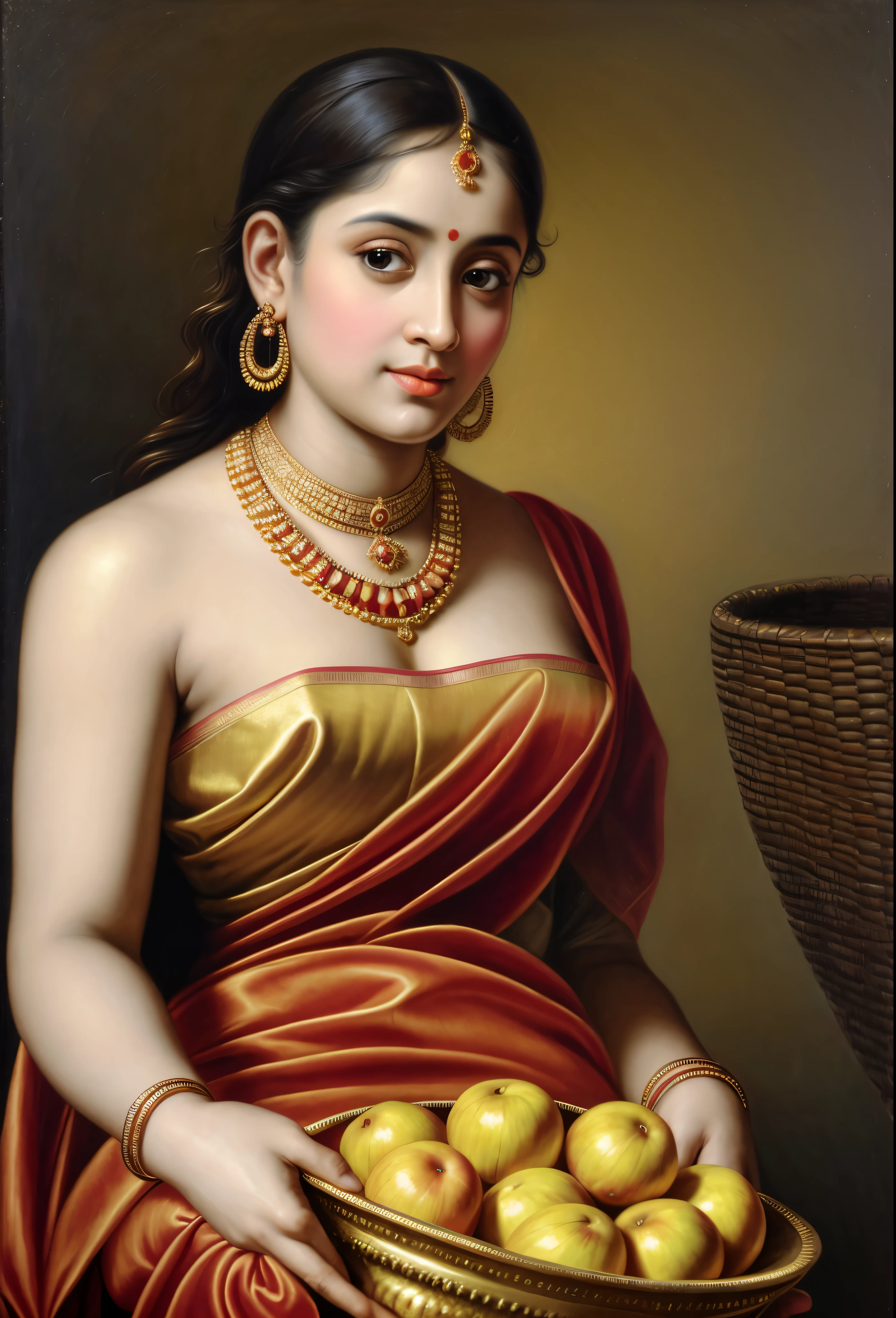 Looks like Jannat Zubair, Beautiful Indian Woman, wearing saree, sari Beauty, gorgeous, Apsara, Maharani, royal queen woman, nymph from Hindu Mythology, Urvashi, matchless beauty, Highly detailed, Oil Painting by Peter Paul Rubens inspired by Raja Ravi Varma, Matchless beauty, captivating, gorgeous, heavenly beauty, celestial beauty, by Peter Paul Rubens, 13, realistic, hyper realistic, micro details, incredible artwork, insane details, ultra High resolution, 8k, 32k, acrylic on canvas, intricate, flawless, detailed, detailed face, detailed eyes, masterpiece, by Peter Paul Rubens, by Caravaggio, by William Adolphe bouguereau, perfect face, perfect body, beautiful art, realism, baroque, renaissance Art, highly textured, beautiful and detailed eyes, uhd, best quality,
