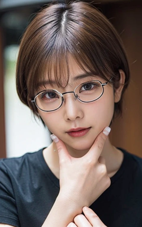 Tabletop, highest quality, figure, Very detailed, In detail, High resolution, 8k wallpaper, Perfect dynamic composition, Slightly thicker:0.3, 1 beautiful girl, Glasses, ((close:1.3, View your viewers)), Beautiful fine details, (Wearing a black T-shirt, Short Bob Hair, The color is black with a white base.),