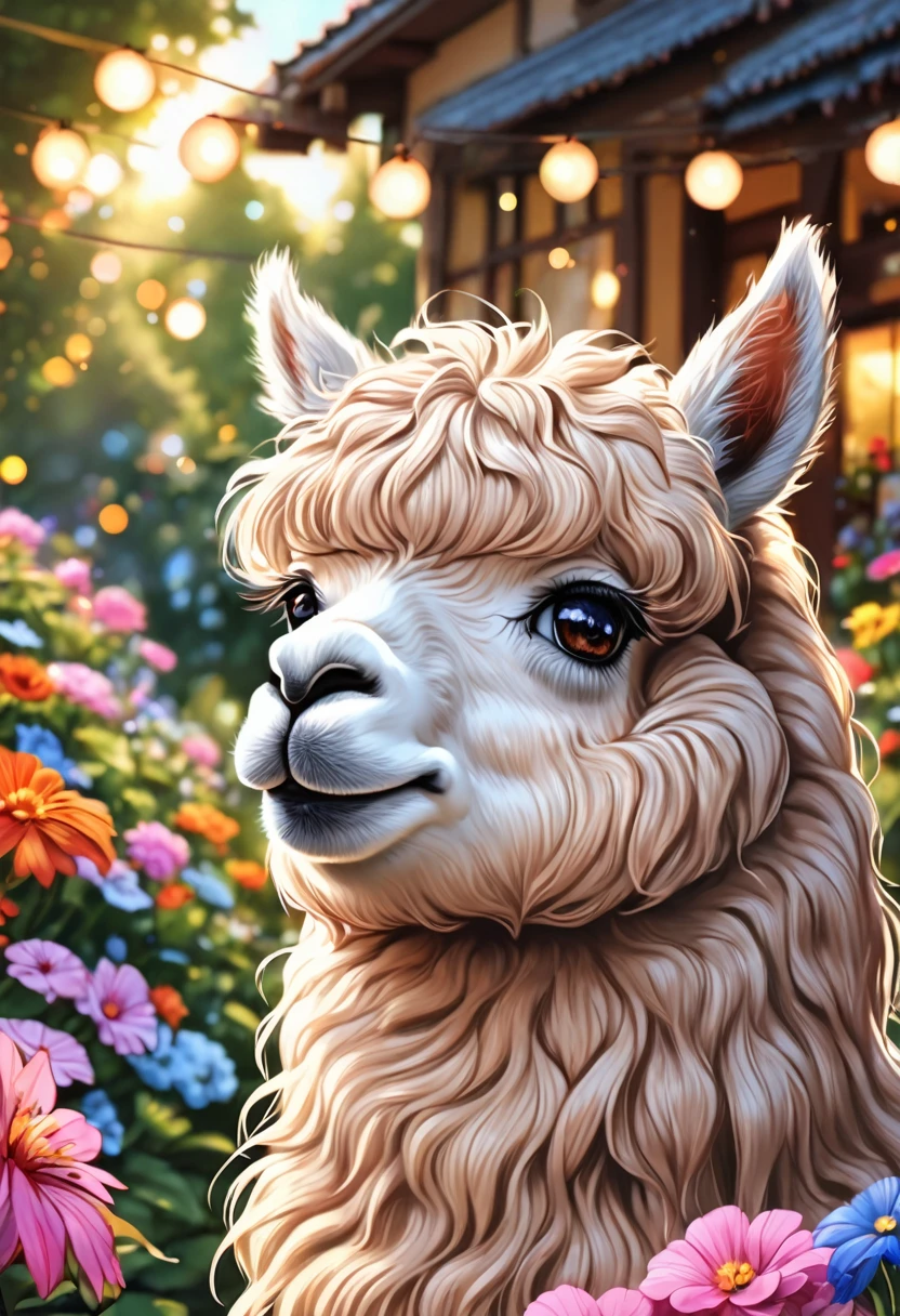 1girl, An Alpaca, aesthetic, a girl playing with an adorable alpaca,soft and fluffy fur,beautiful detailed eyes,peaceful garden,dainty flowers,cheerful atmosphere,colorful sunlight,best quality,ultra-detailed,photorealistic,playful poses,cute and amusing actions,joyful expressions,harmonious relationship,lovely companionship,exquisite details of alpaca's face and body, vibrant colors and textures,artistic rendering,bokeh lighting style,picturesque scenery, cozy and warm ambiance,blissful moments.