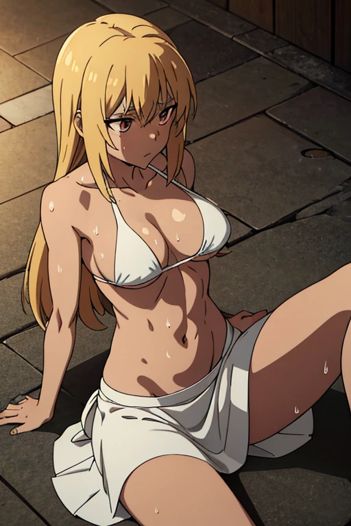 A tan-skinned anime girl lies on the ground, her ribs protruding from her emaciated body. She wears a triangle bikini top that covers her busts and long skirt, her hunger evident in the sweat beads that cover her skin. Rendered in a gritty, anime style.