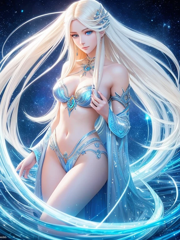 A captivating anime illustration of a celestial beauty, with long, flowing blonde hair and piercing blue eyes that seem to hold a secret. The character is adorned with a dazzling array of diamonds, creating a mesmerizing effect. She kneels barefoot on a reflective, metallic surface, exuding a futuristic, otherworldly aura. The pristine white background accentuates her divine presence and contrasts with her ethereal glow. As she gracefully crawls towards the camera, her enigmatic smirk invites the viewer into her enchanting world, a place where grace and power intertwine.