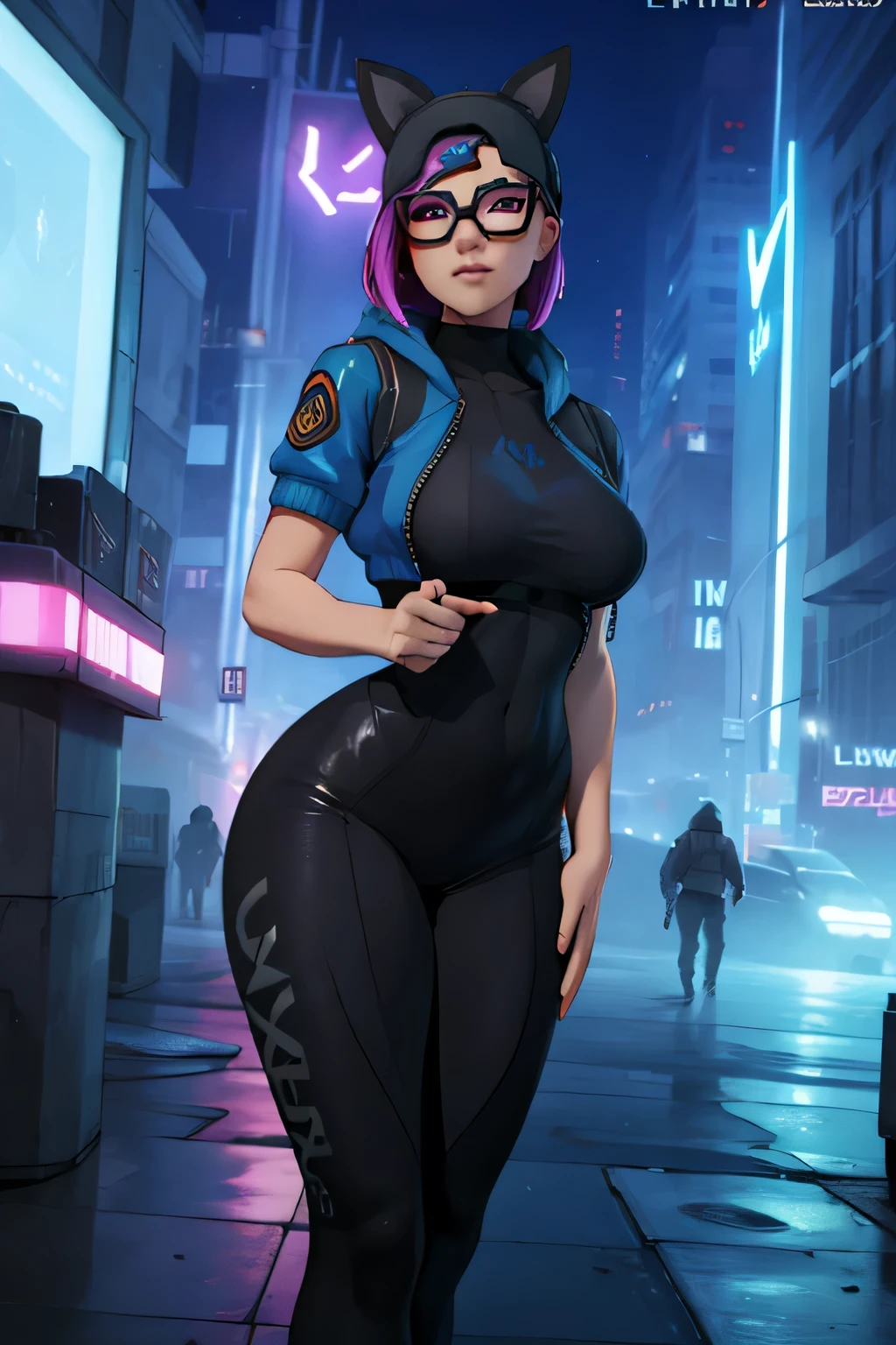 Gaming Zone Lynx, chaqueta azul con Negro, guantes sin dedos, Leggings Negros, ojos finos, gafas, Neon City 