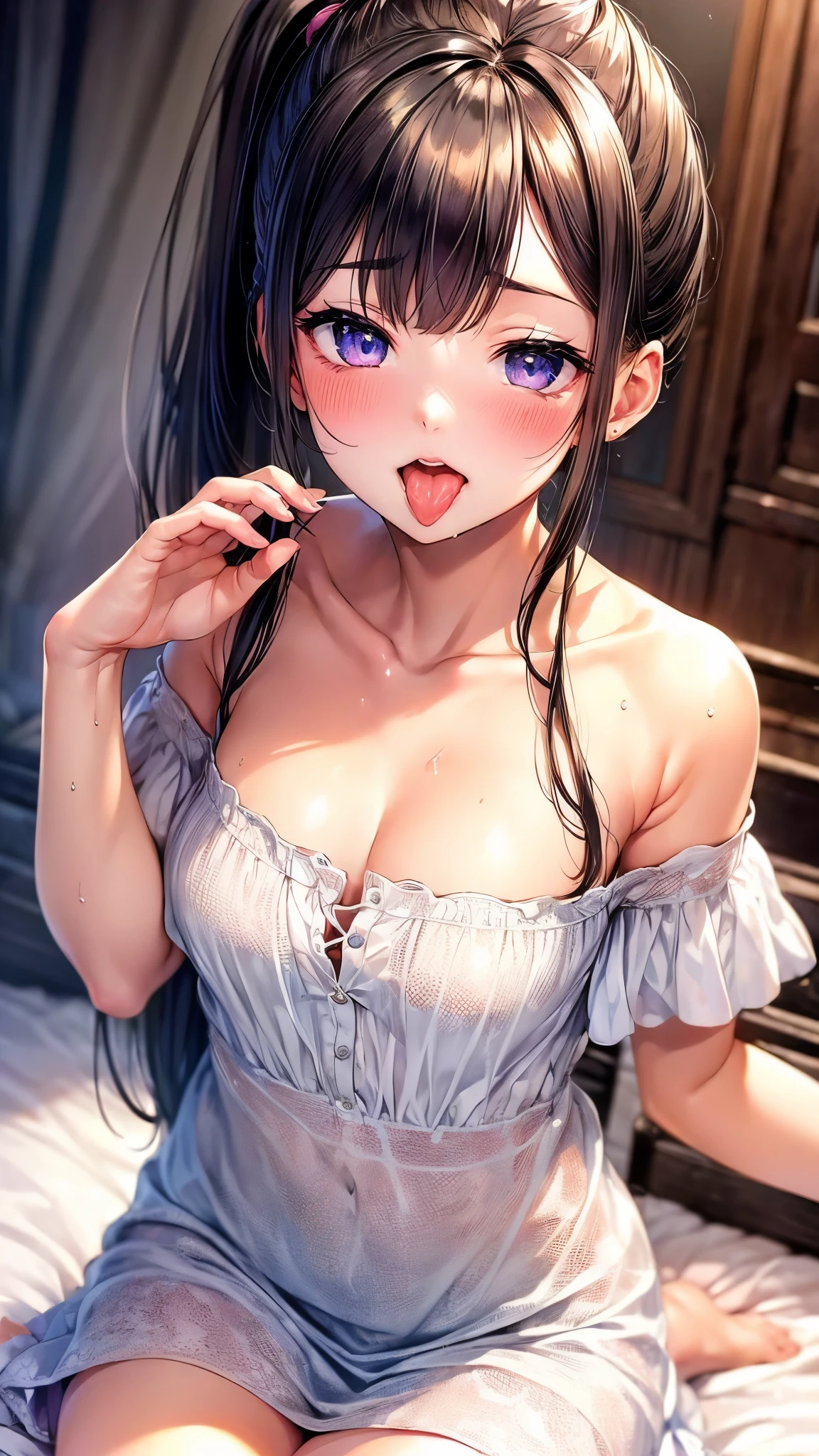 Super detailed(eye:1.7),highest quality、Best image quality、On the bed、Beautiful valley、Disheveled clothes、thin、Humiliated face、Dog Pose、Super detailed、Small breasts、Light Particles 0.5、Moist eyes、Wet body、lick、Open your mouth、Sticking out tongue、dripping cloudy saliva、Small face、Himation、White Hair、Up ponytail、20-year-old