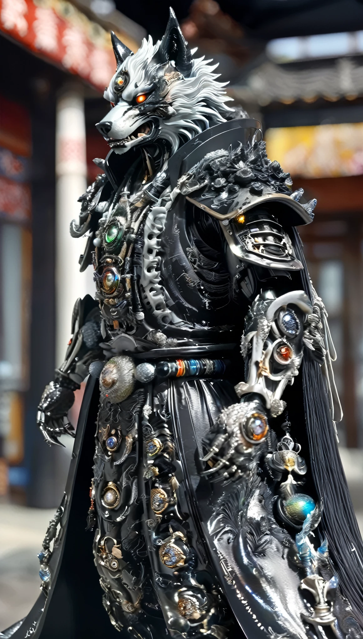 Japanese Temple、Black smoke is rising、A wolf cyborg samurai-like creature、eyes are shining、 Long coat、(Silver and Black)、FW Murano style, vibrant color blast, Incredibly detailed, dark, Key Visual, Atmospheric, Very realistic, high detail texture, Ray Tracing、lose luster、matte taste